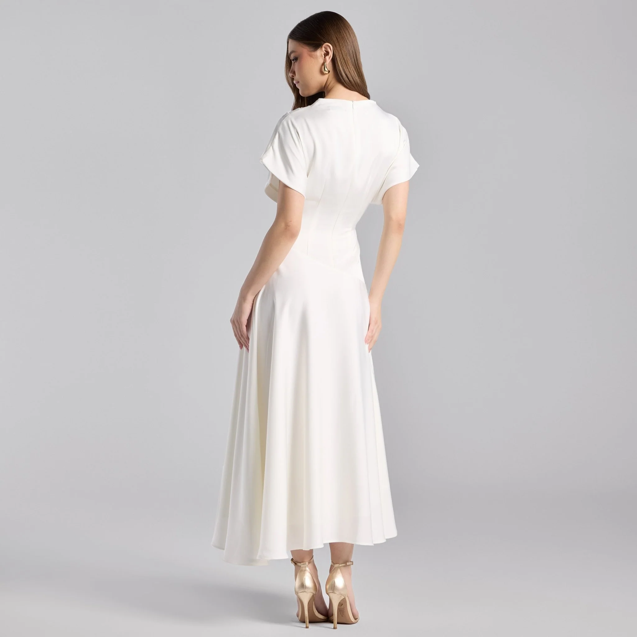 Ivory Short Sleeve Asymmetric Satin Dress - Image 4