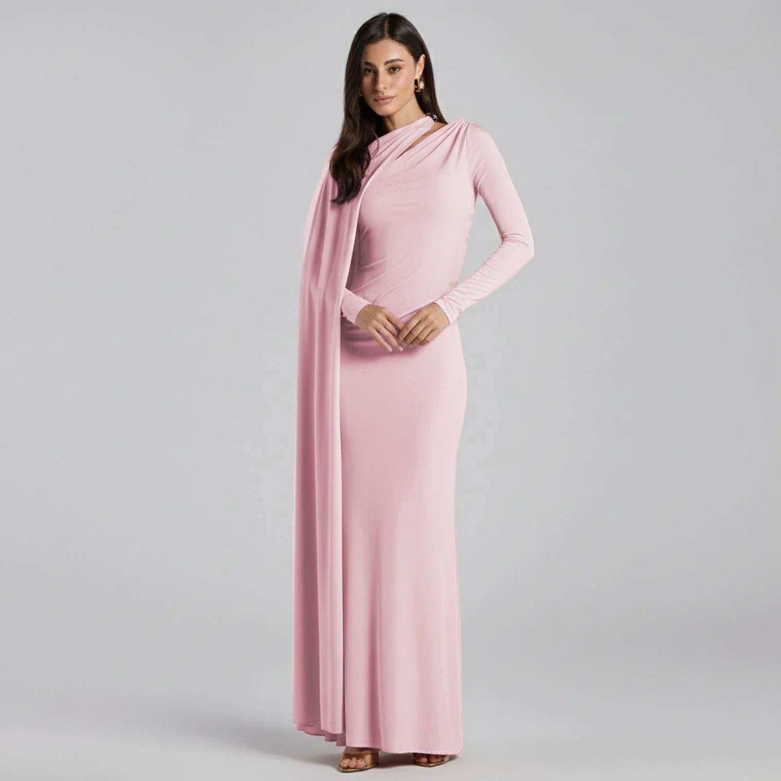 Jersey Draped Maxi Dress with Sleeve Scarf - Image 9