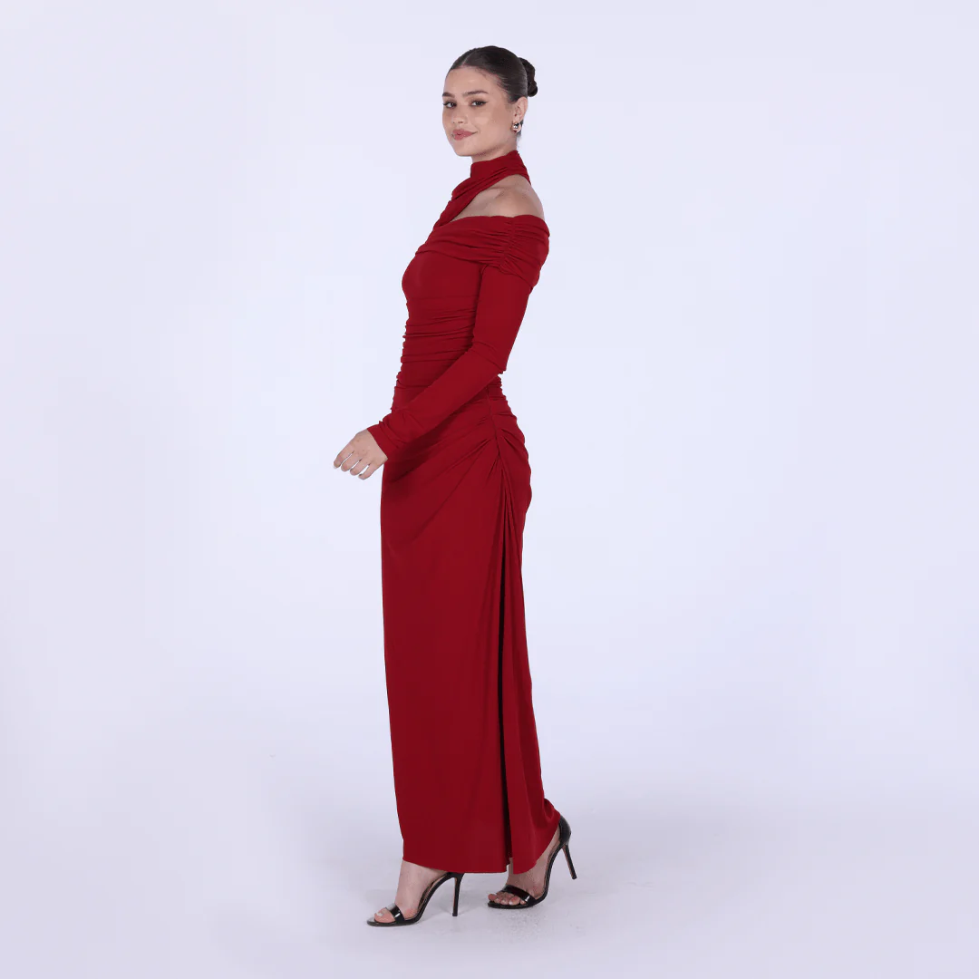Jersey Gathered Maxi Dress with Shoulder Cut-Out - Image 6