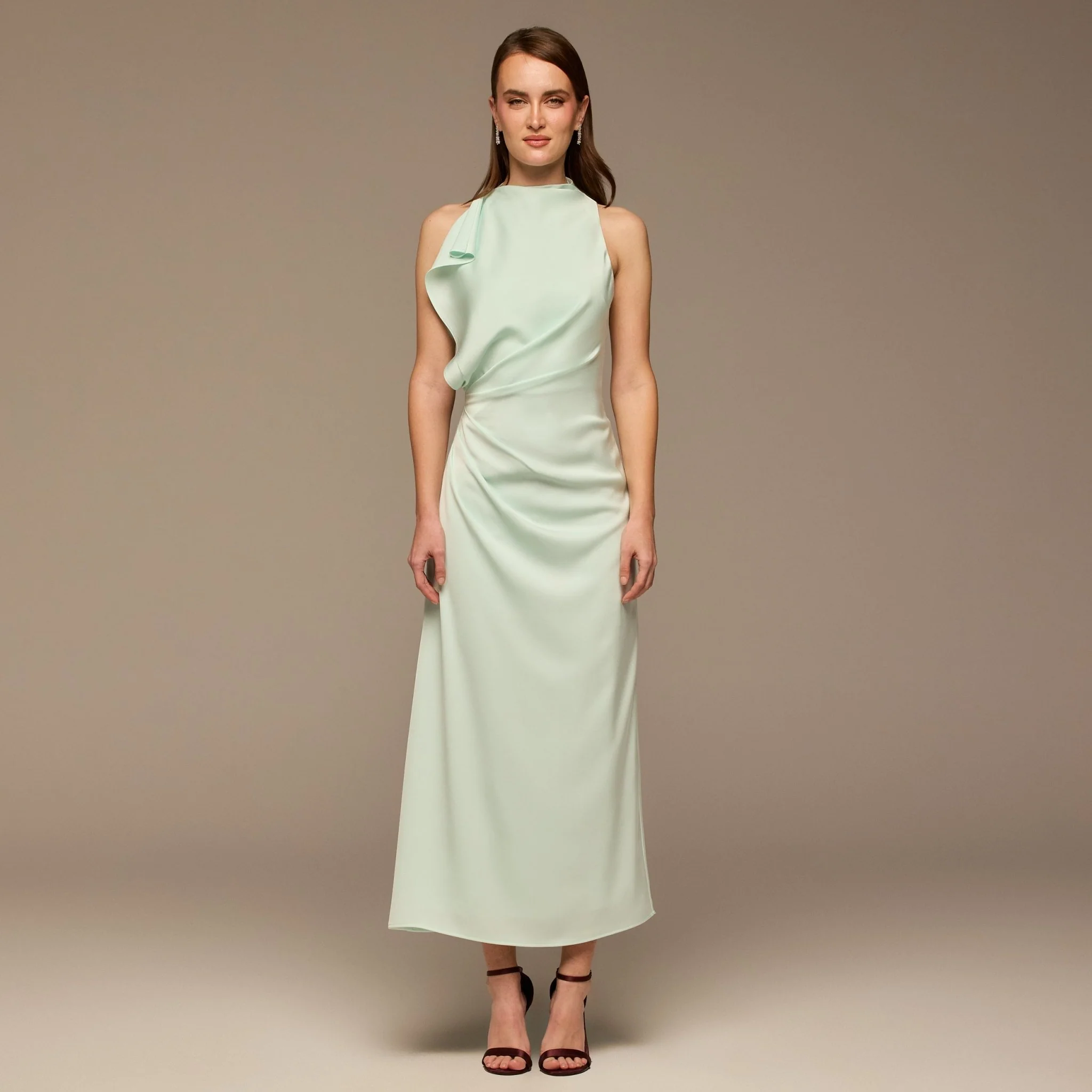 Light Blue Crepe Satin Draped Maxi Dress