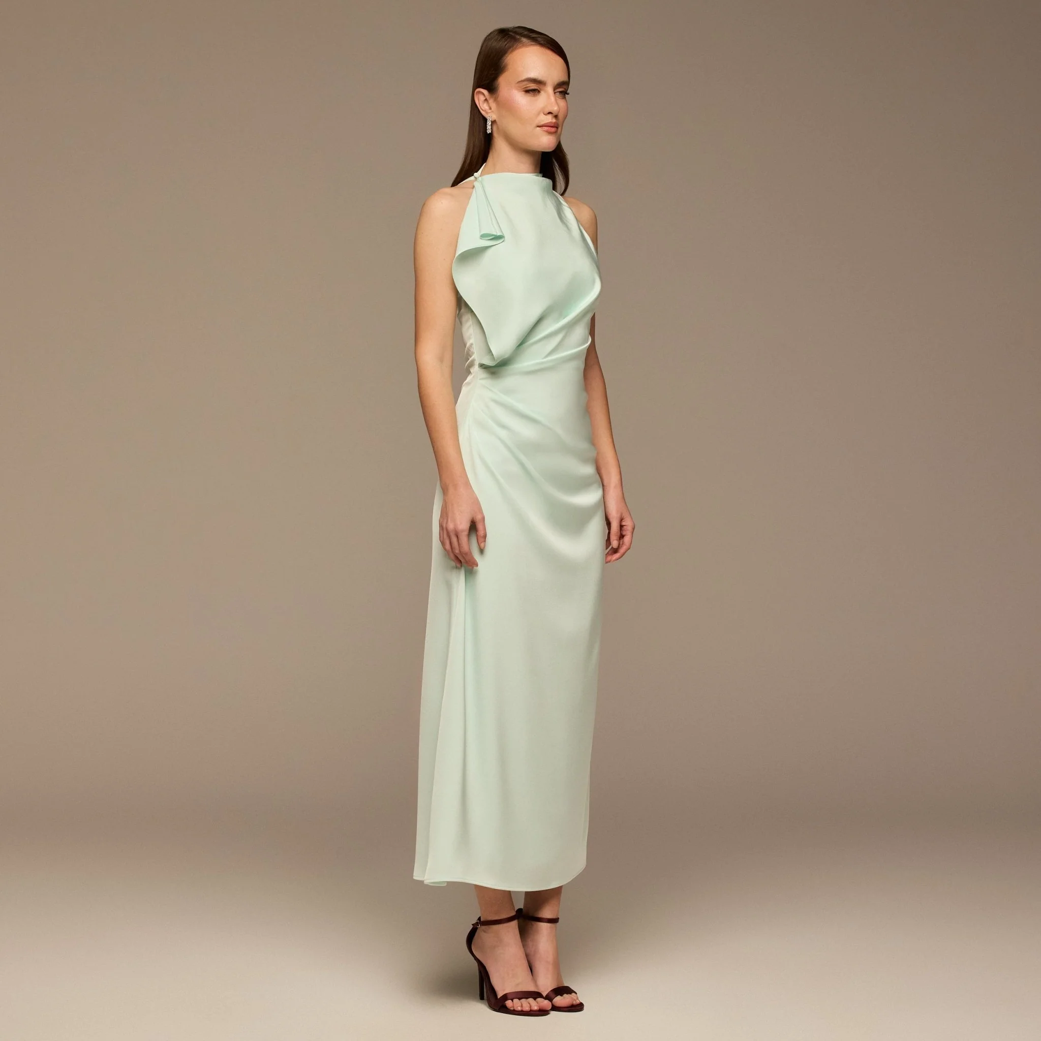 Light Blue Crepe Satin Draped Maxi Dress - Image 2