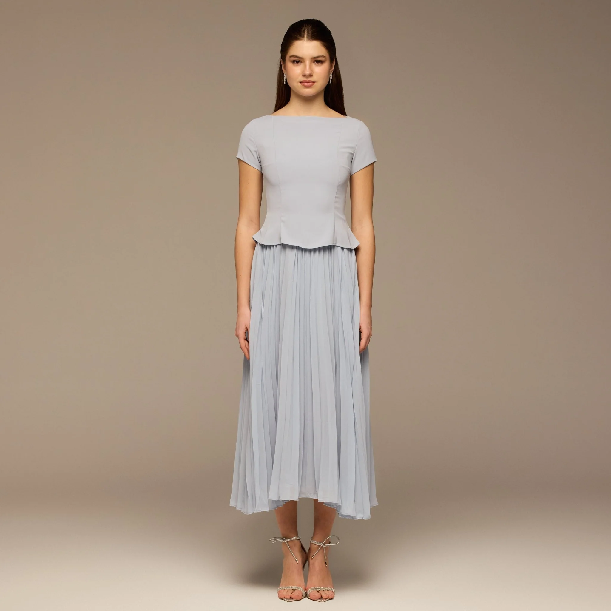 Light Blue Short Sleeve Pleated Crepe & Chiffon Dress