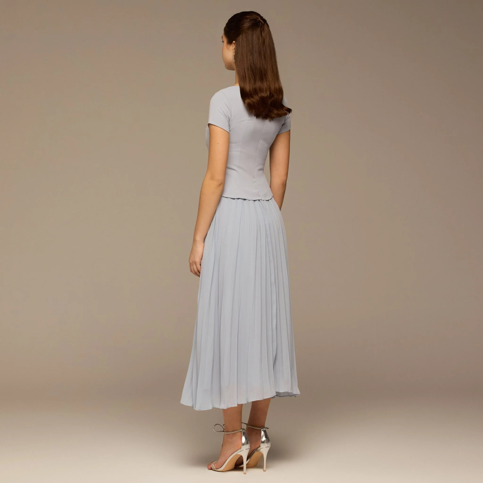 Light Blue Short Sleeve Pleated Crepe & Chiffon Dress - Image 4