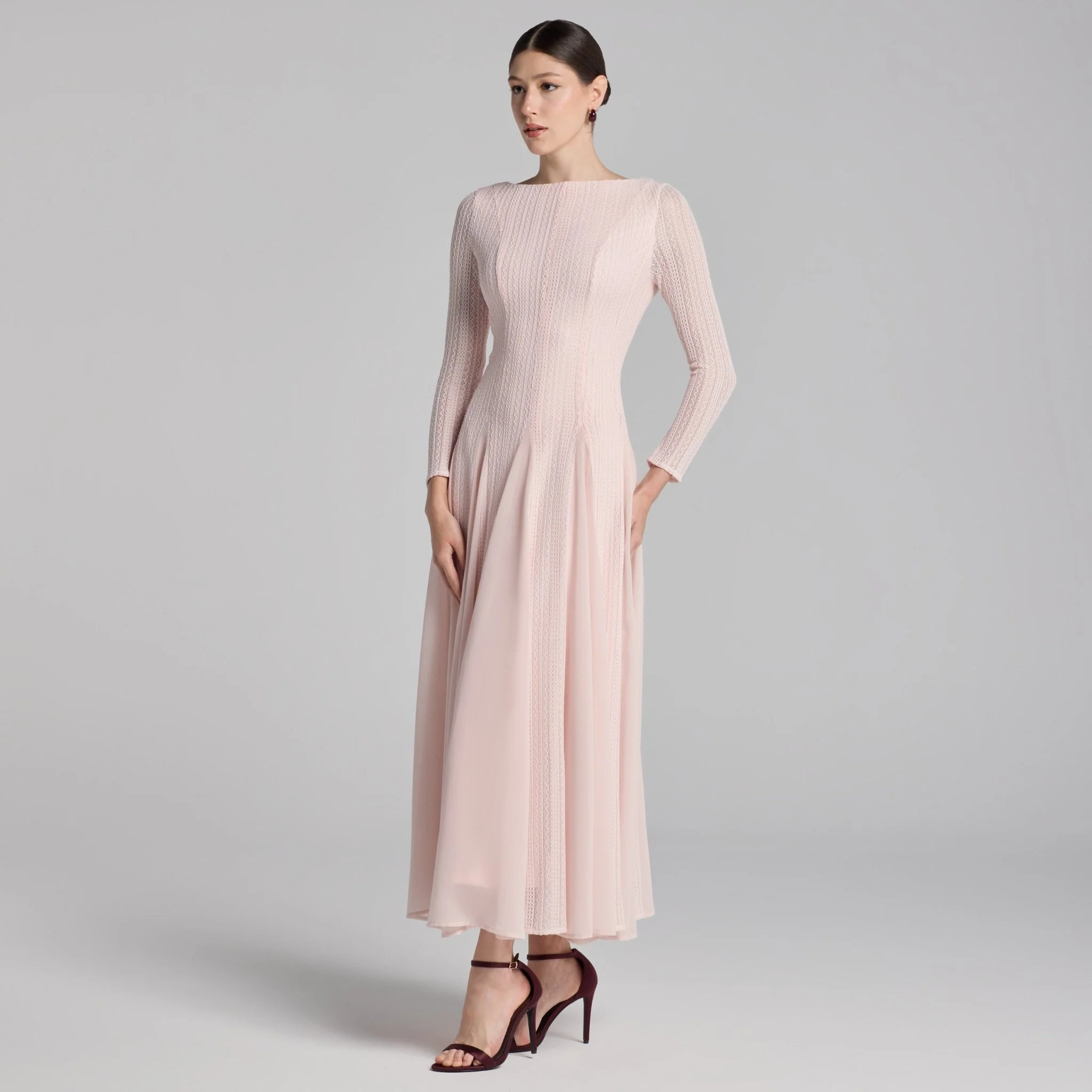 Light Pink Long Sleeves Godet Maxi Dress - Image 2