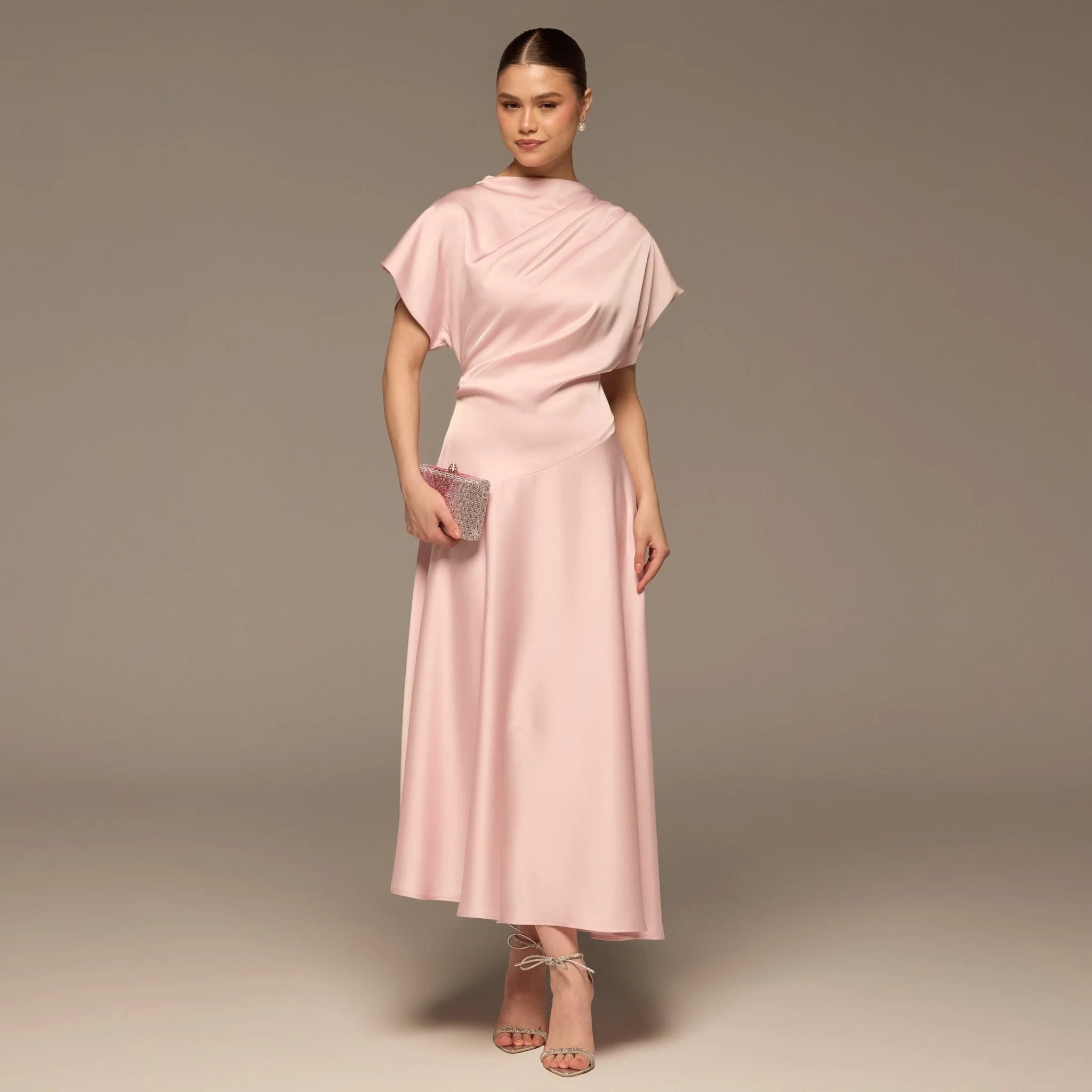 Light Pink Short Sleeve Asymmetric Satin Dress - Image 2