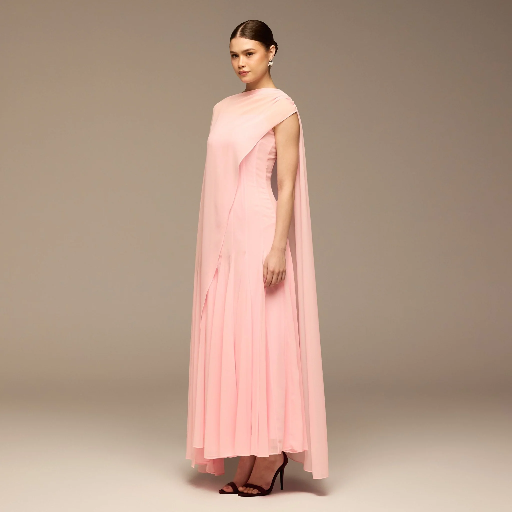 Light Pink Spaghetti Strap Maxi Dress with Sheer Chiffon Cape - Image 3