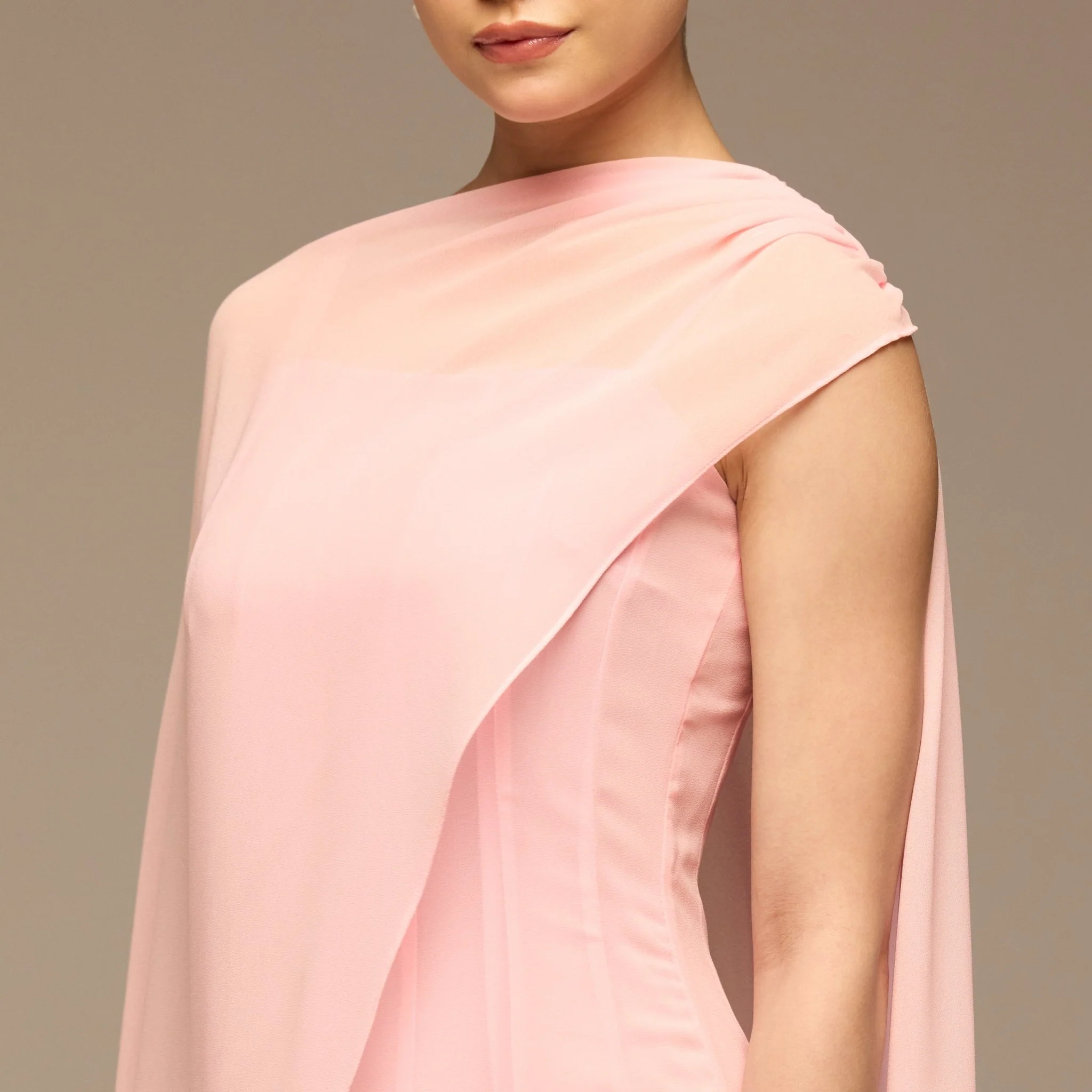 Light Pink Spaghetti Strap Maxi Dress with Sheer Chiffon Cape - Image 4