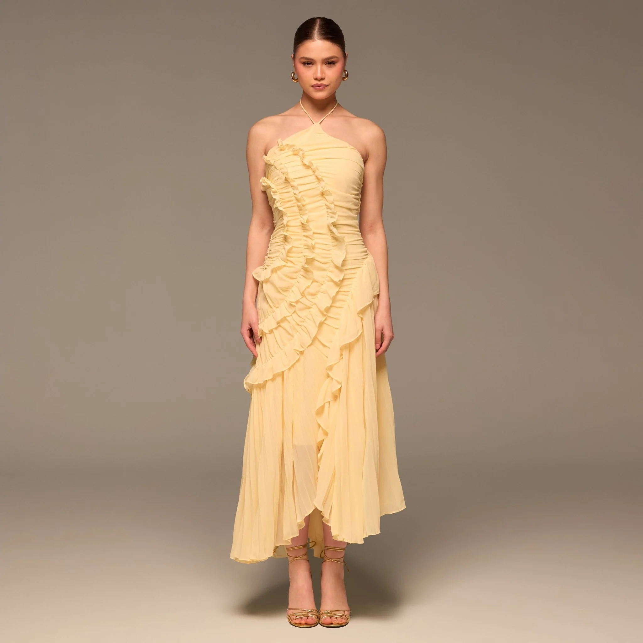 Light Yellow Halter Ruffle Chiffon Dress - Image 2