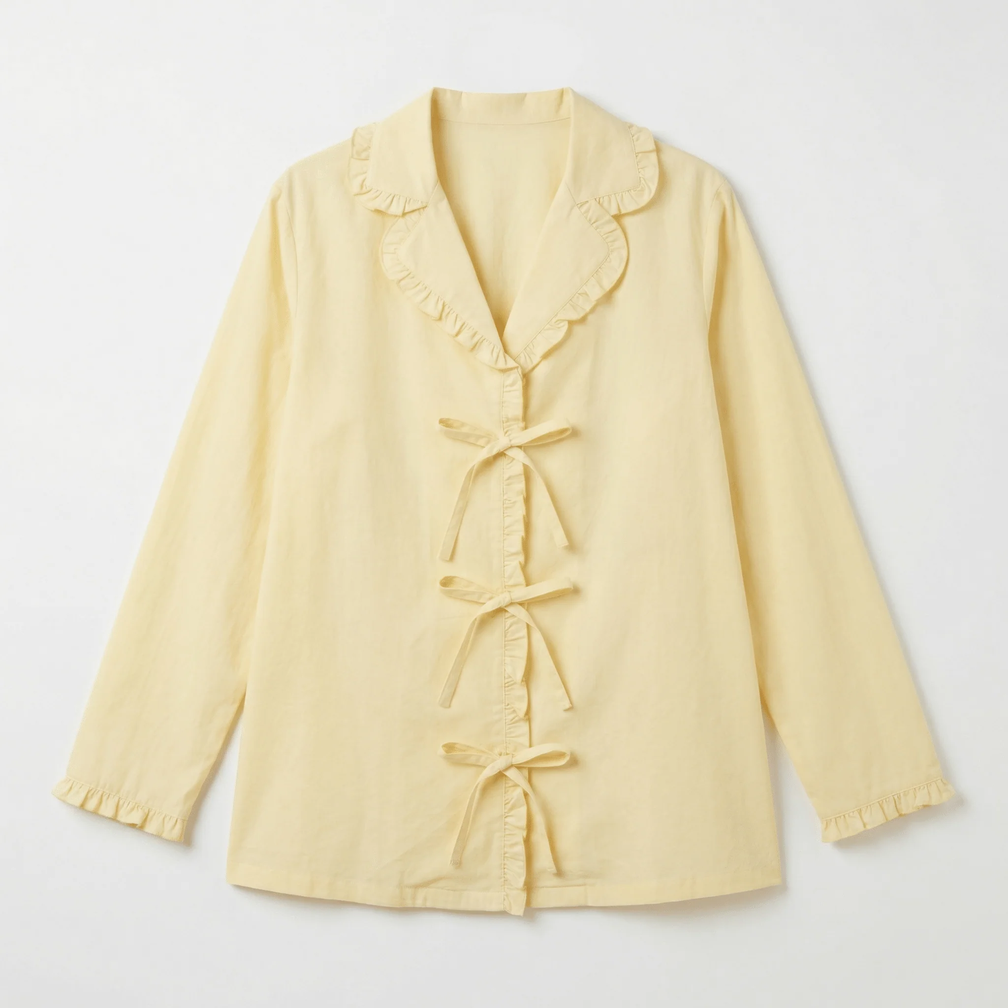 100% Cotton Light Yellow Ruffles and Bow Shirt For Kids