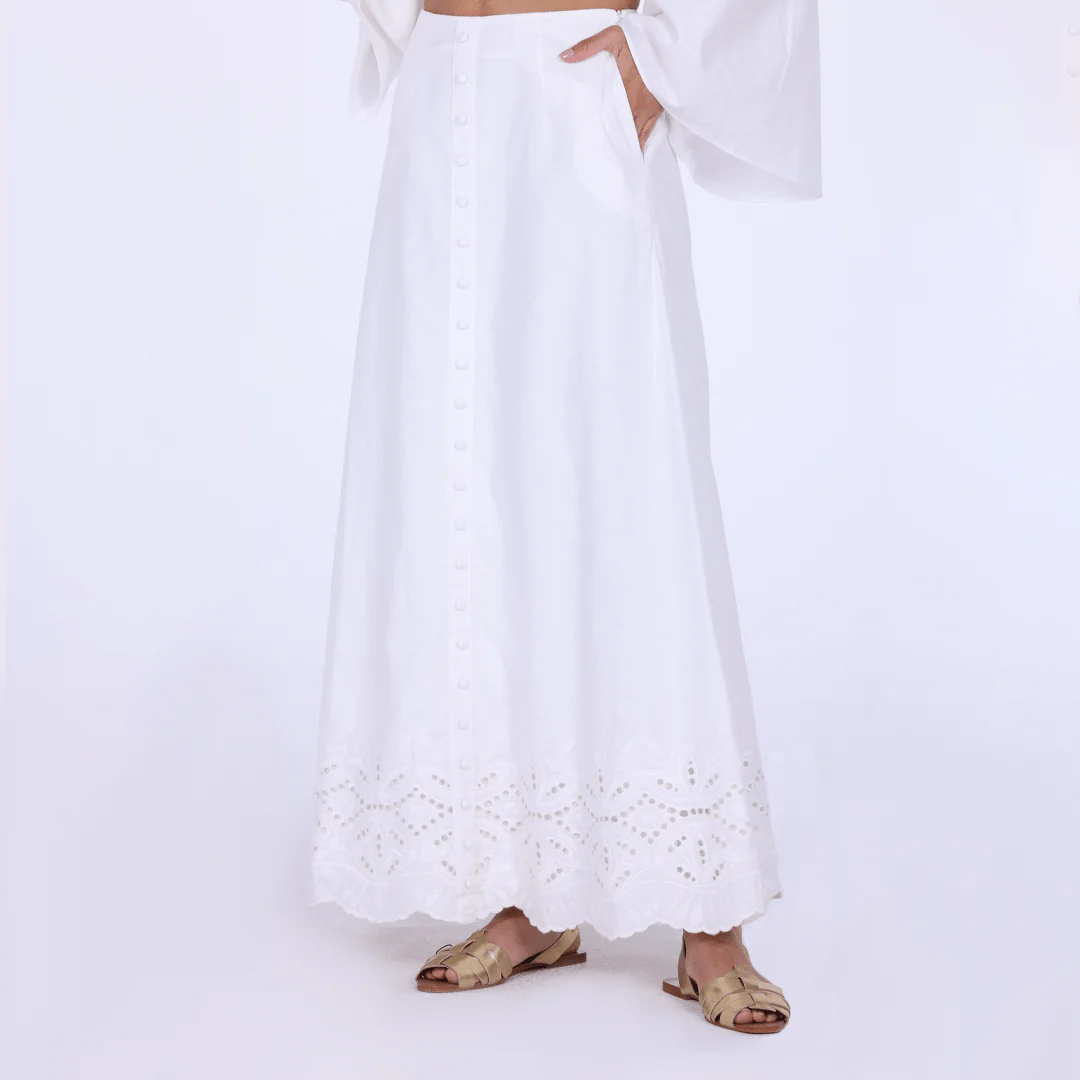 White Linen-Blend A-Line Midi Skirt with Front Buttons