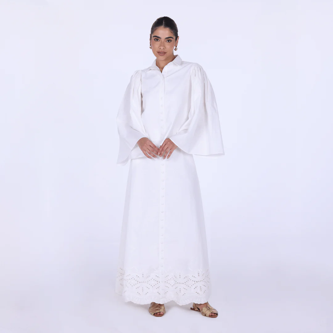 White Linen-Blend A-Line Midi Skirt with Front Buttons - Image 2