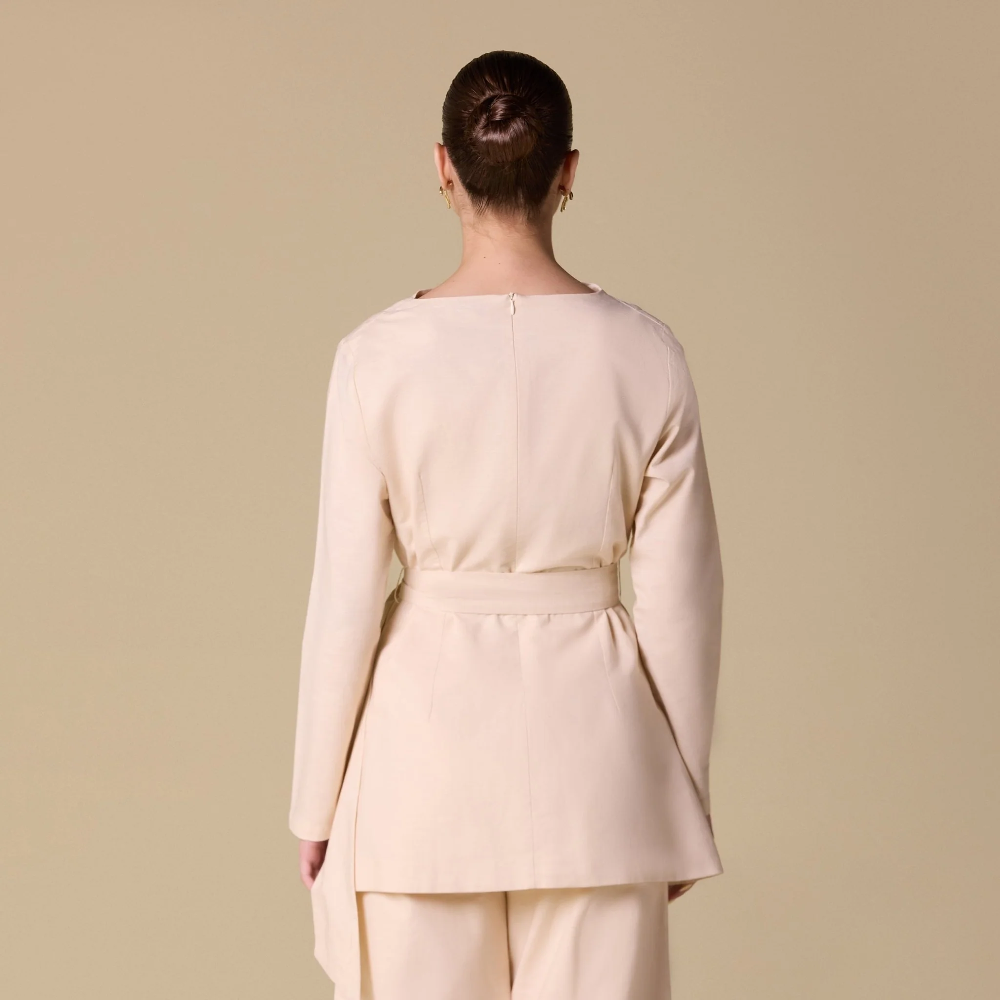 Beige Linen Blend Boat Neck Top with Side Tie - Image 2
