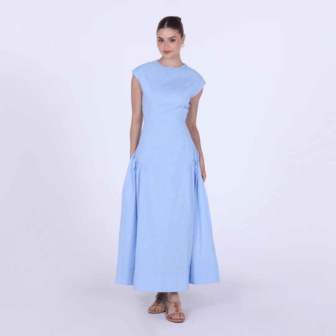 Light Blue Linen Blend Cap Sleeves Stitch A Line Dress