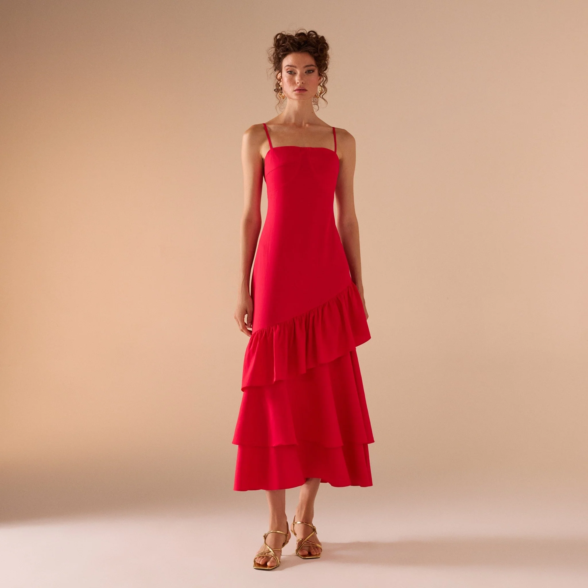 Red Linen Dress With Ruffled Skirt - Image 2