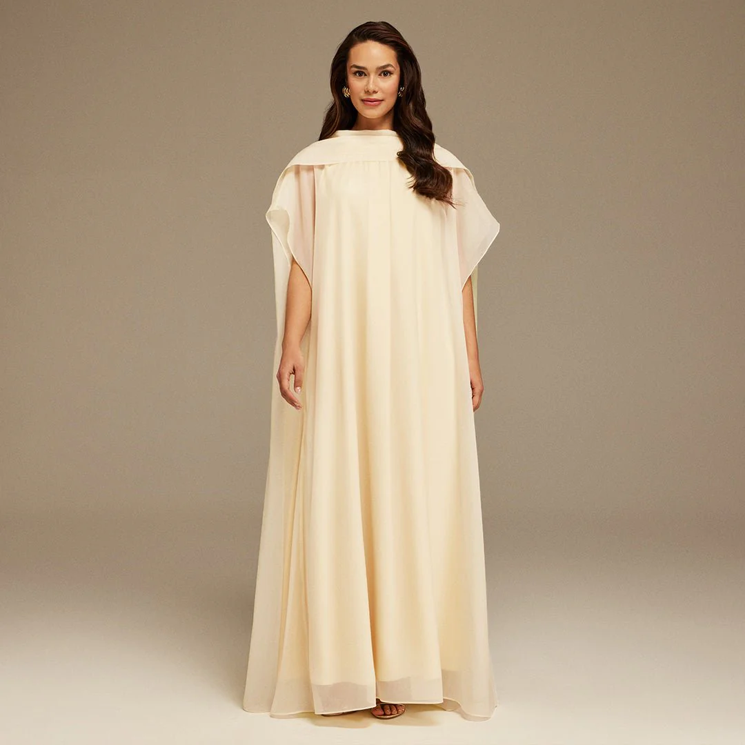 Light yellow Halter Neckline Maxi Dress With Cape with scarf