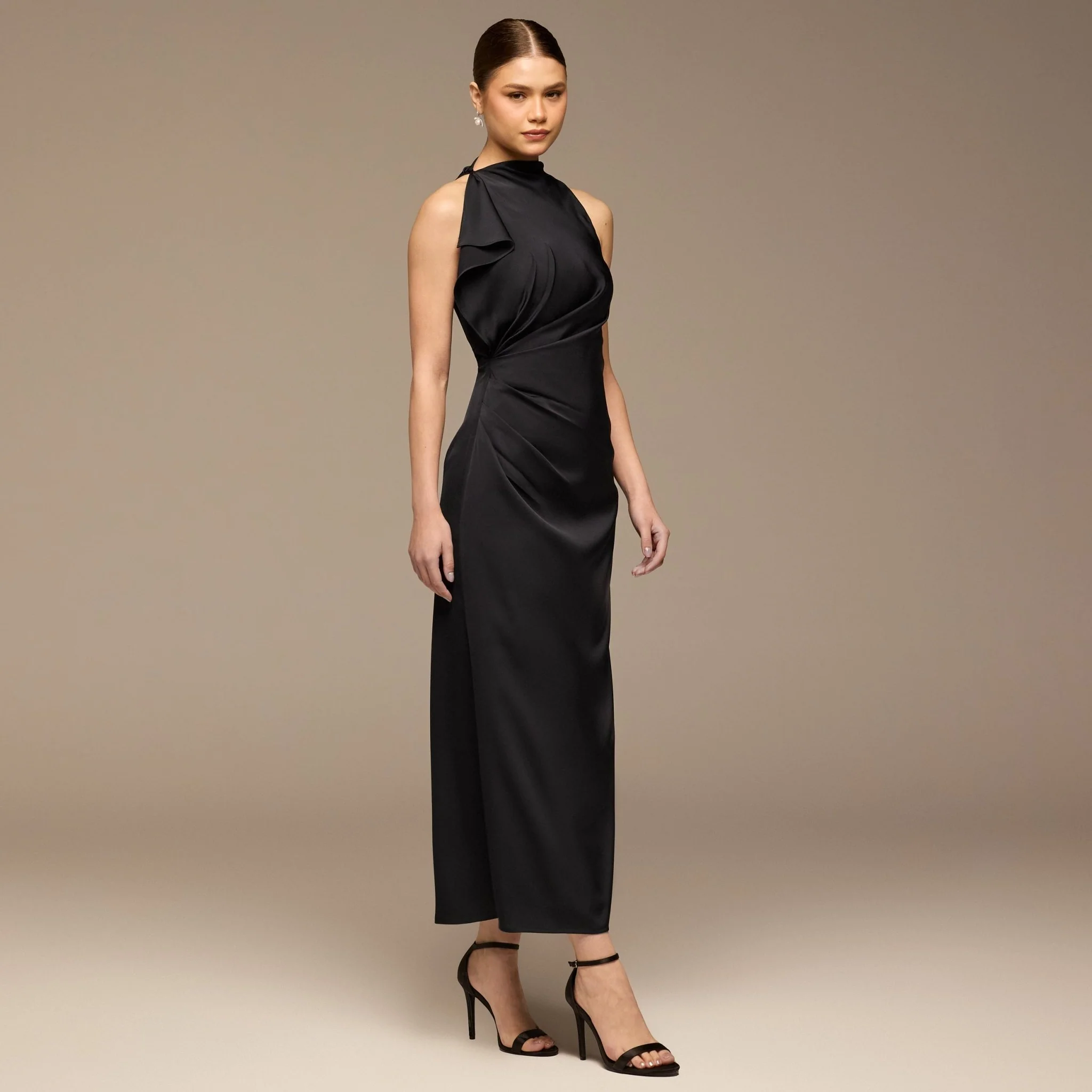 Black Crepe Satin Draped Maxi Dress - Image 2