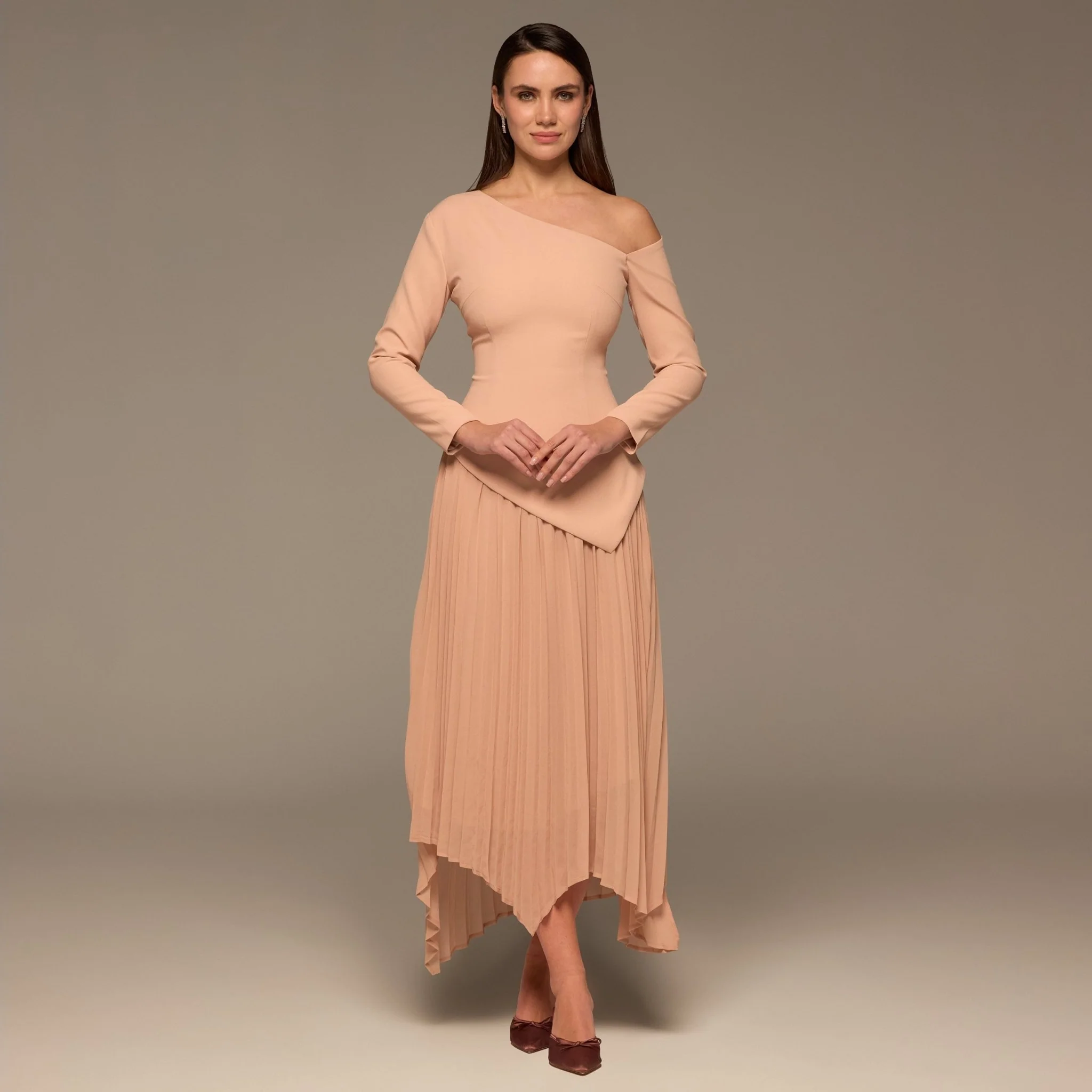 Nude One-shoulder Crepe Dress With Pleated Skirt