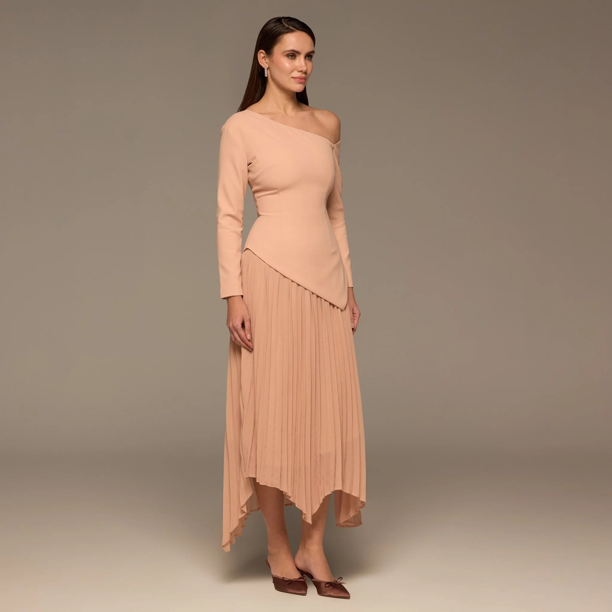 Nude One-shoulder Crepe Dress With Pleated Skirt - Image 2