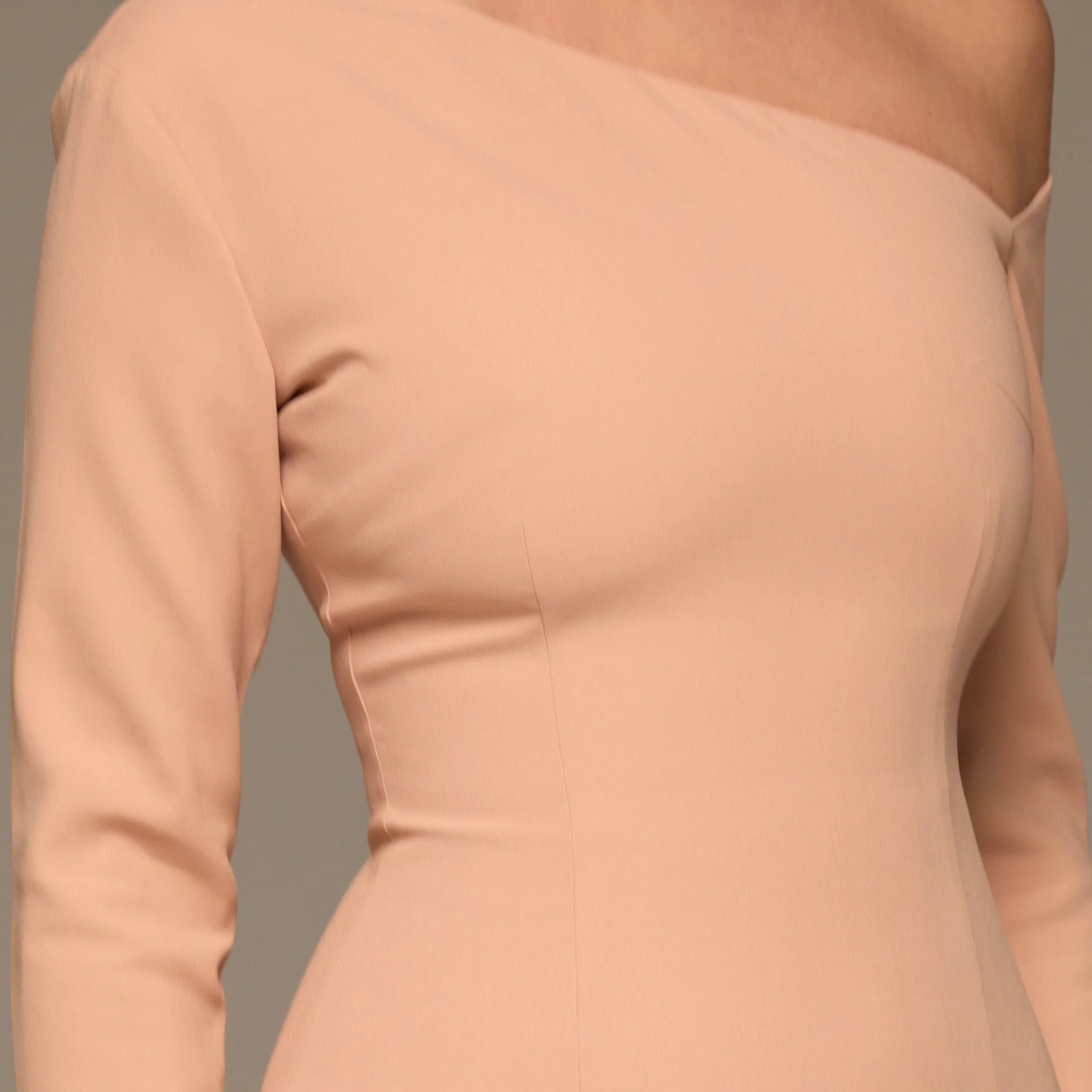 Nude One-shoulder Crepe Dress With Pleated Skirt - Image 3