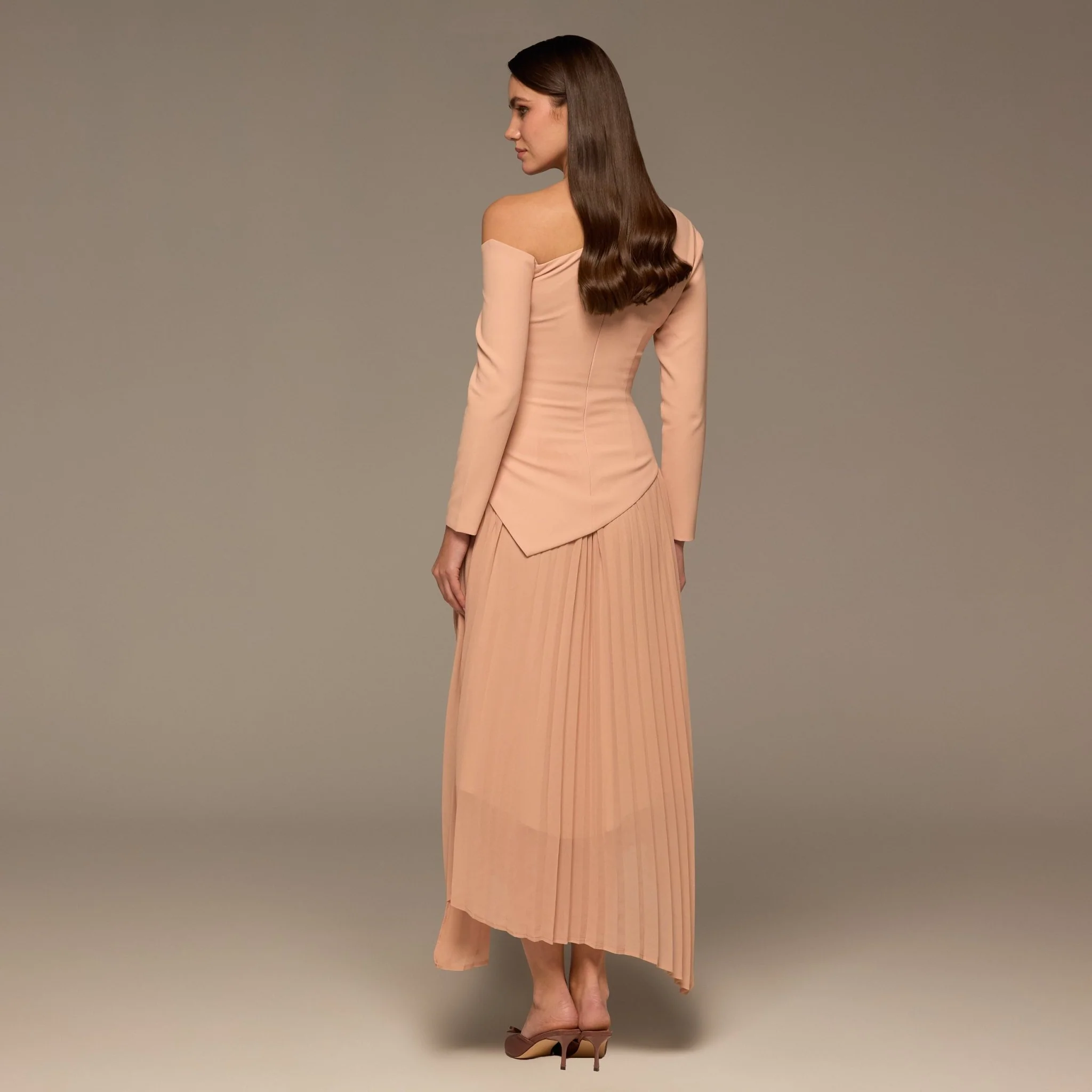 Nude One-shoulder Crepe Dress With Pleated Skirt - Image 4