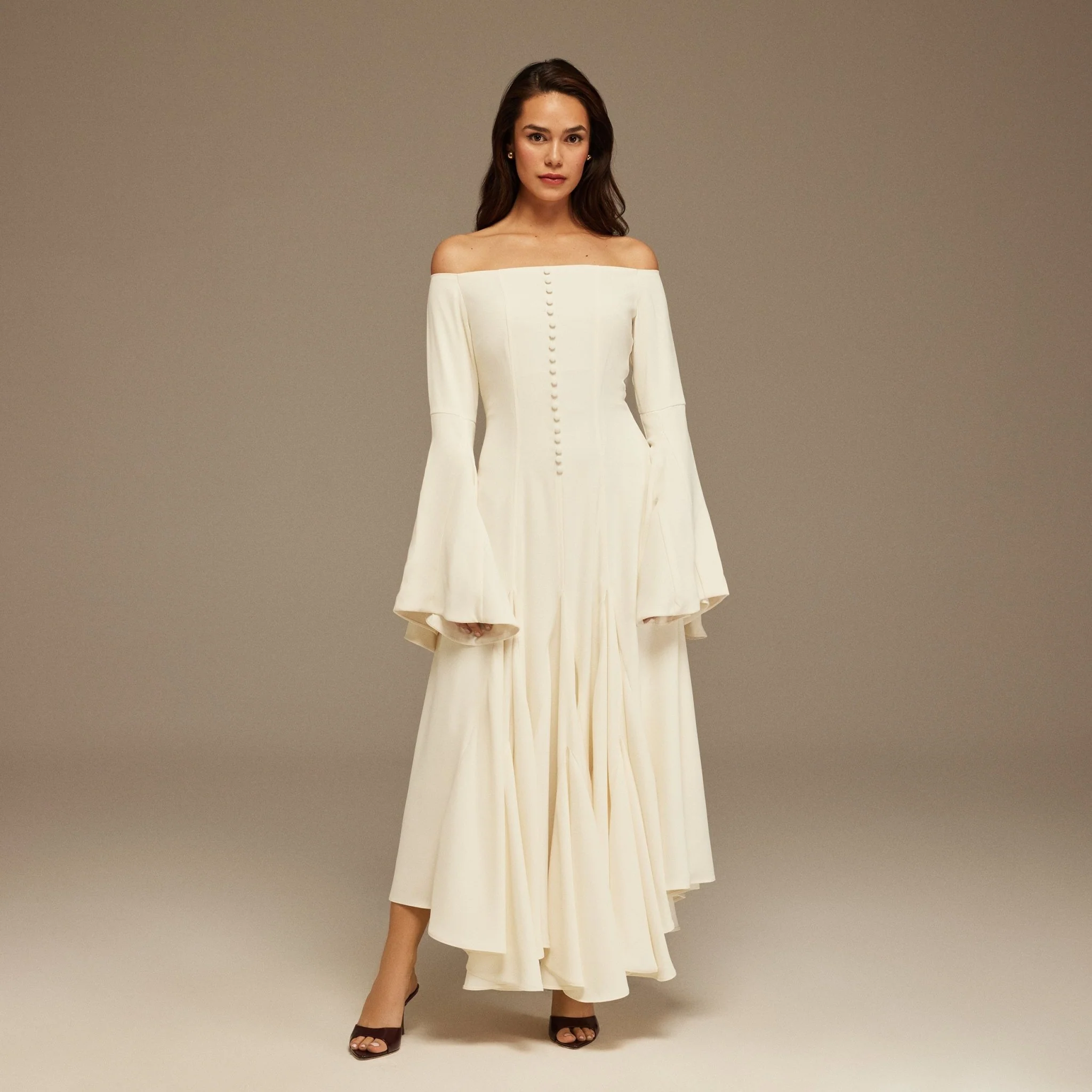 Off White Off-Shoulder Aline Midi Crepe Dress