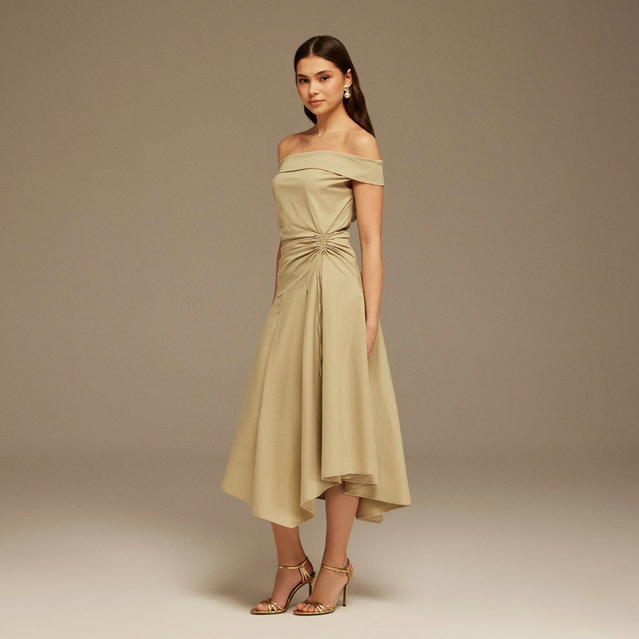 Beige Off-Shoulder Cotton Ruched Midi Dress - Image 2