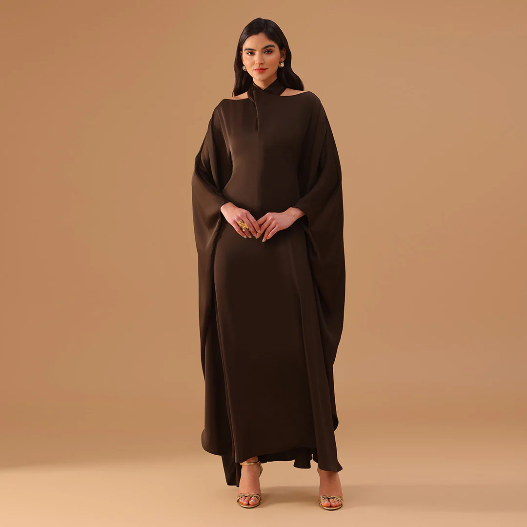 Brown Off-Shoulder Neck Strap Kaftan with Inner Belt