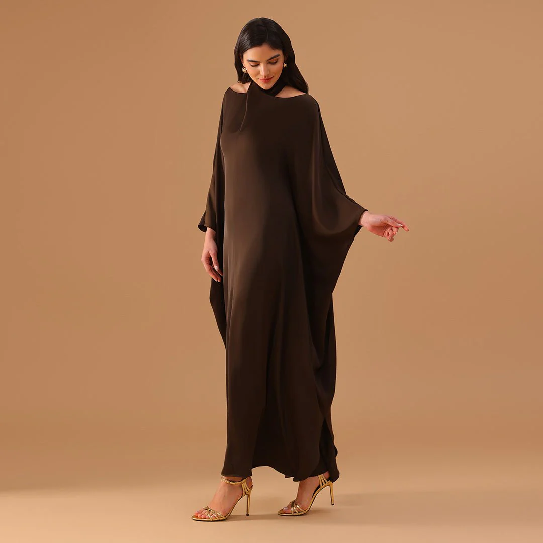 Brown Off-Shoulder Neck Strap Kaftan with Inner Belt - Image 2