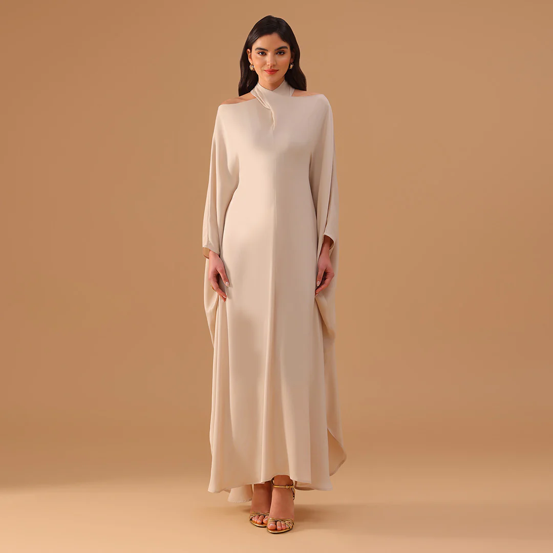Ivory Off-Shoulder Neck Strap Kaftan with Inner Belt
