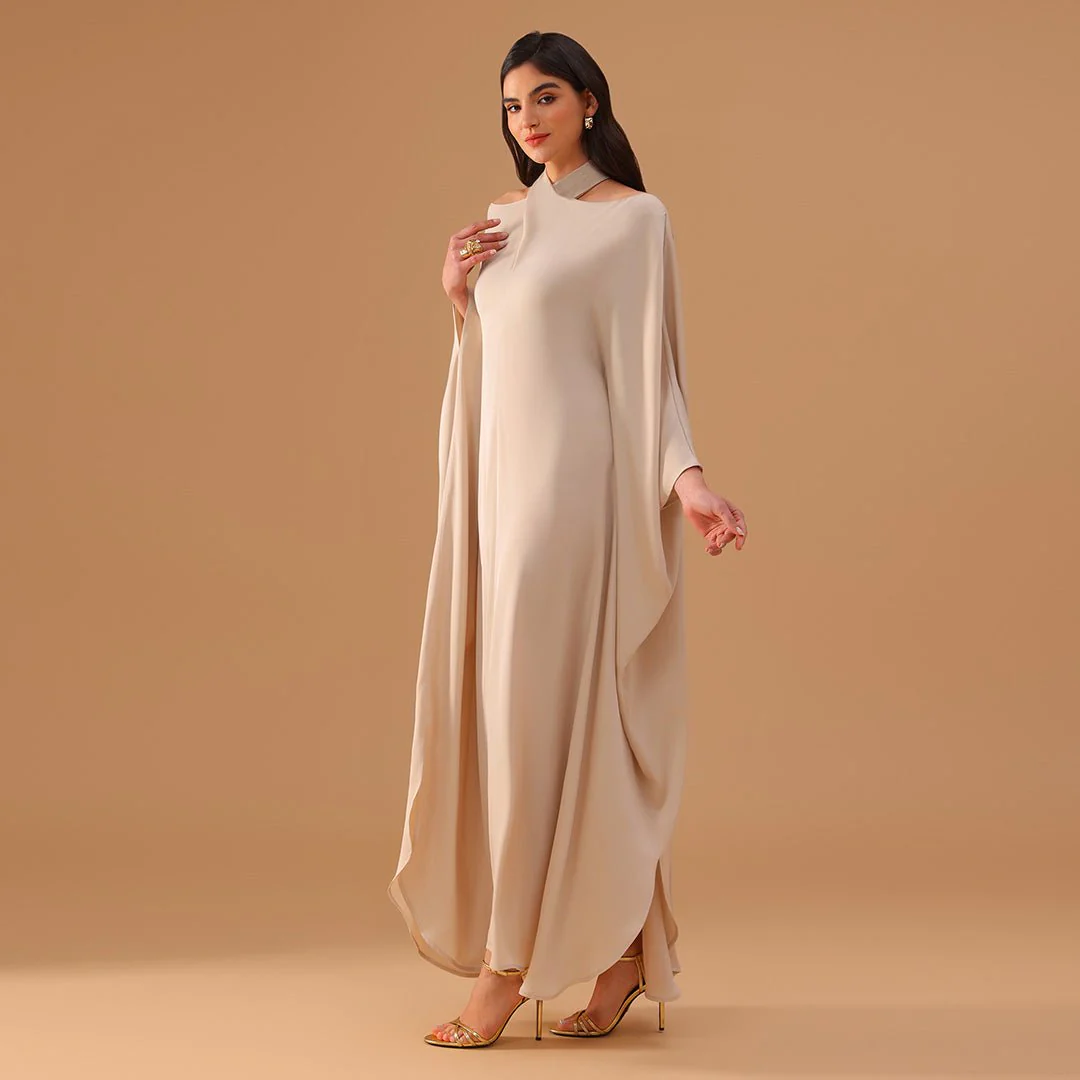 Ivory Off-Shoulder Neck Strap Kaftan with Inner Belt - Image 2