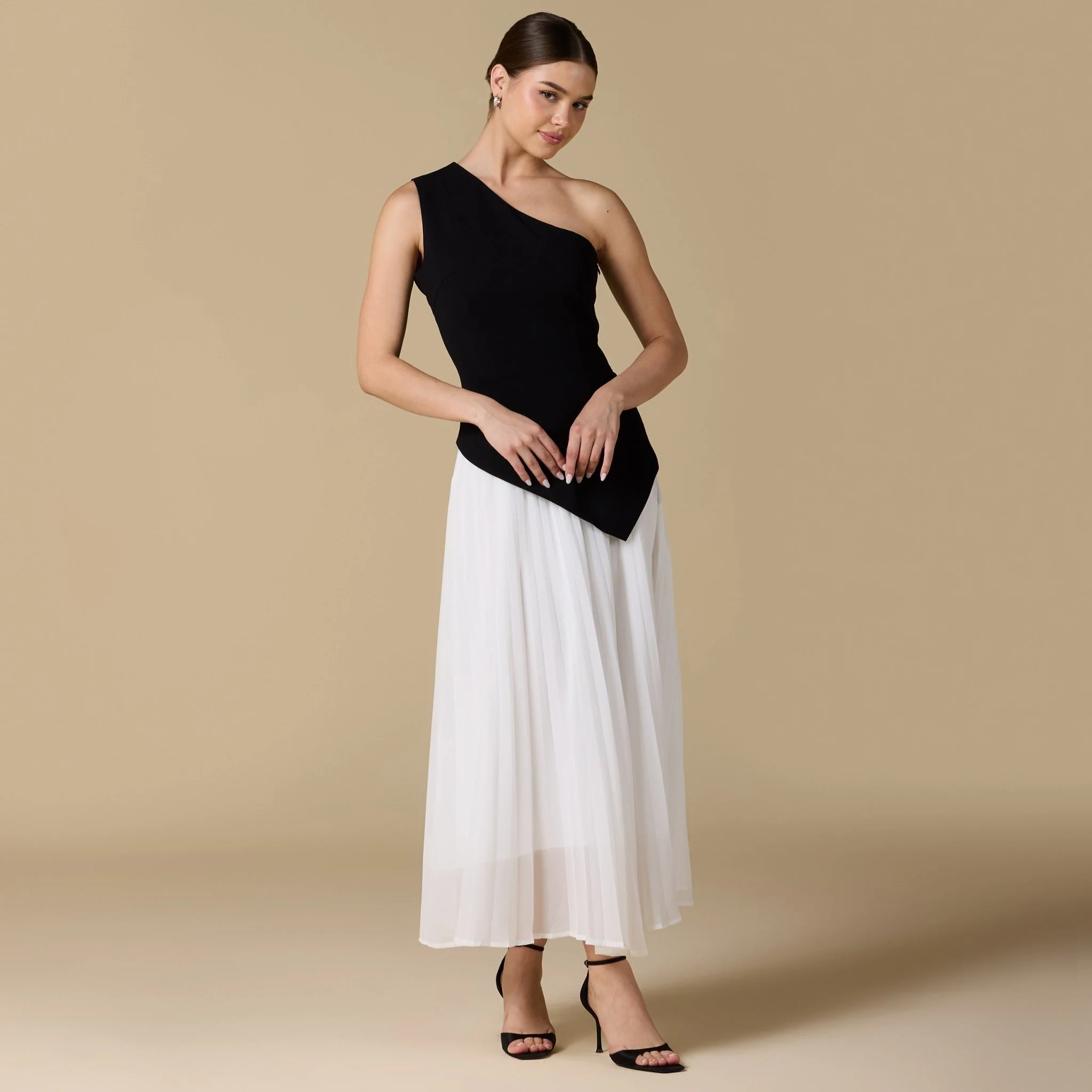 One-shoulder Crepe Dress With Pleated Skirt