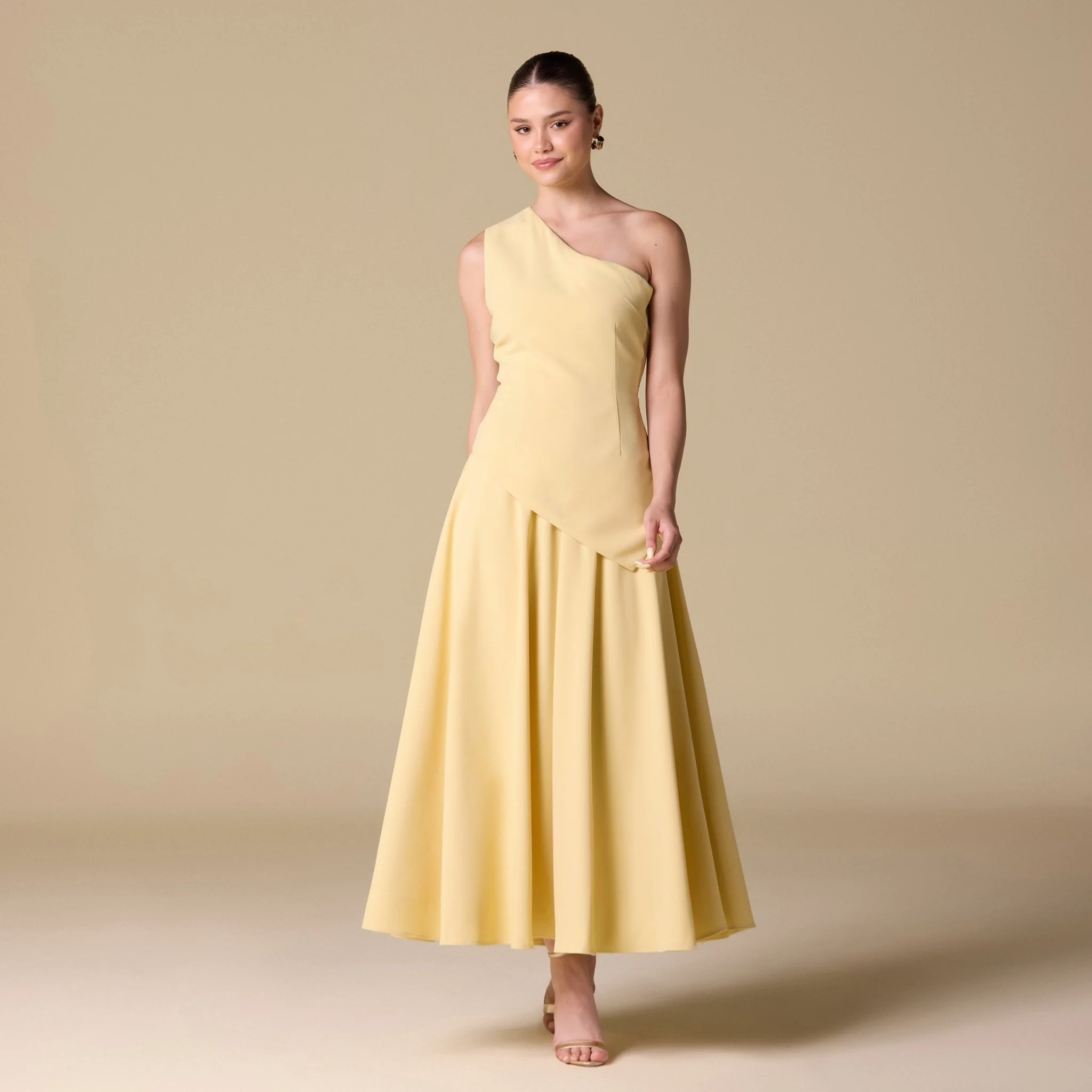 One Shoulder Crepe Midi Dress