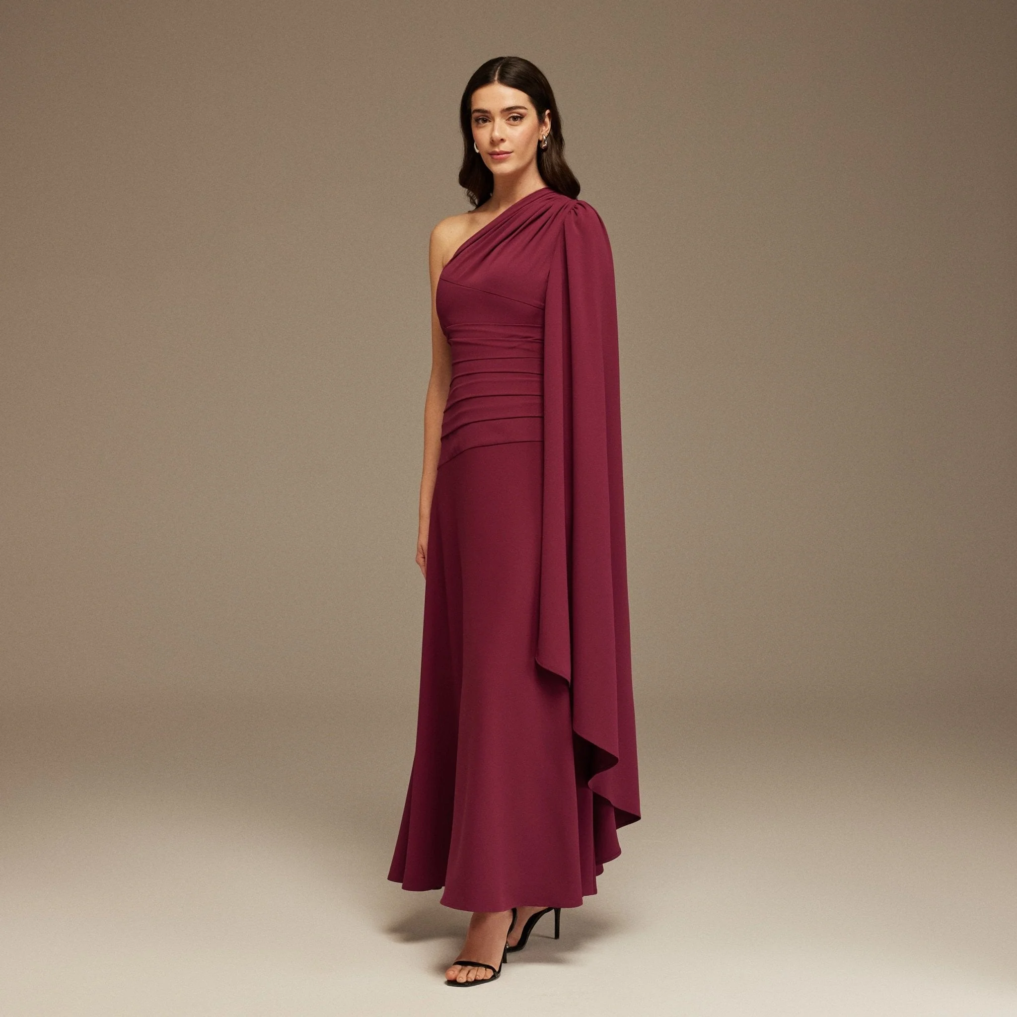 Plum One Shoulder Sleeveless Crepe Dress - Image 2