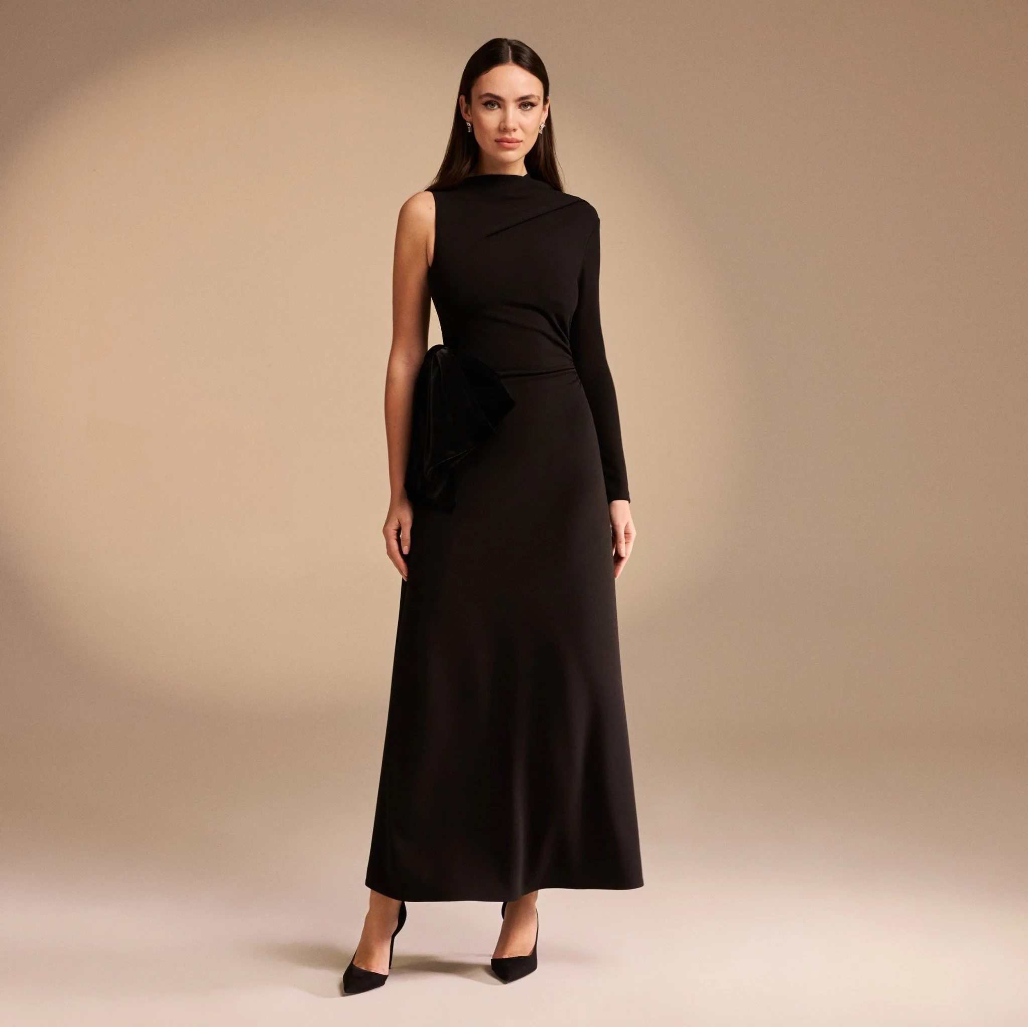 Black One Sleeve Crepe Midi Dress With Waist Bow