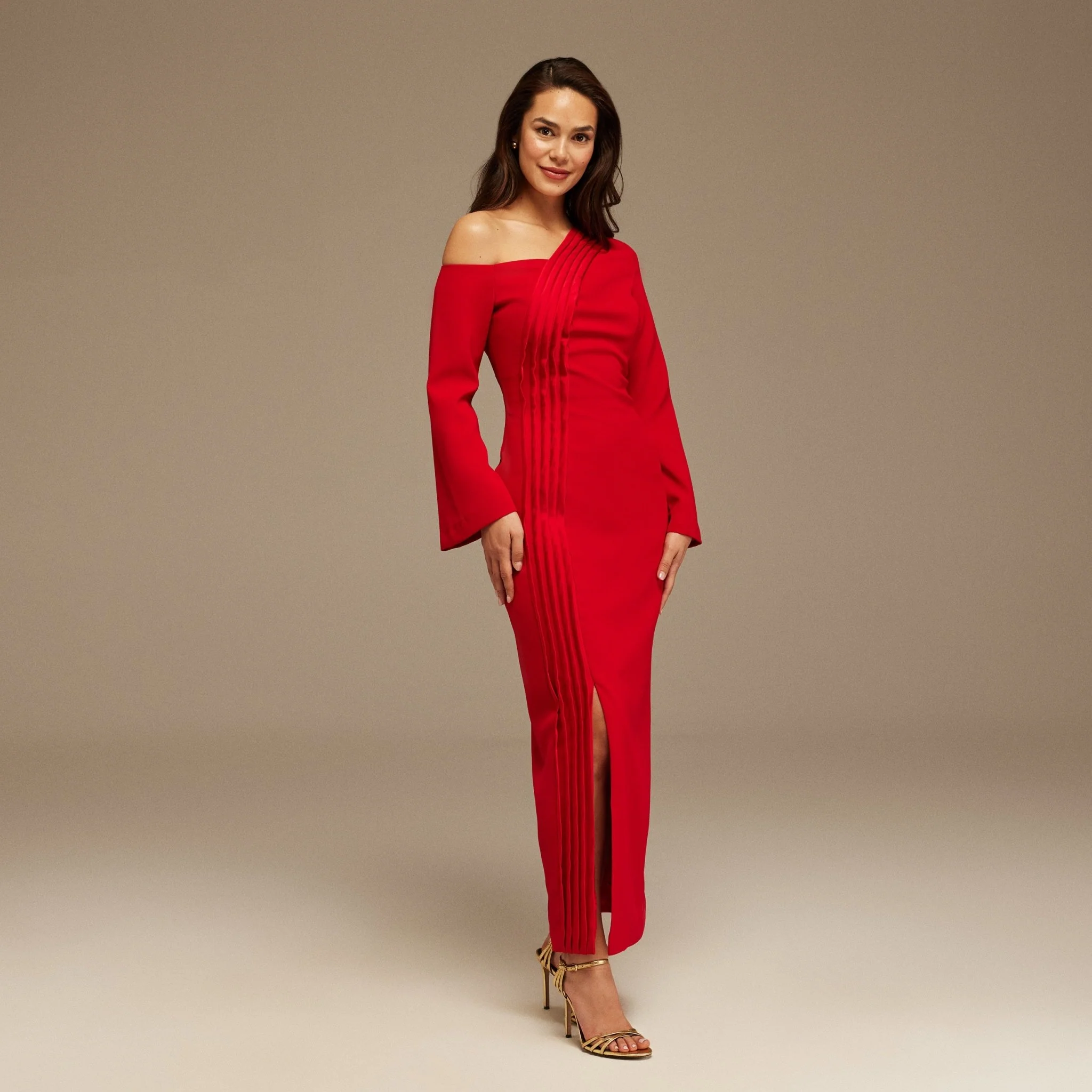 Red Open Shoulder Maxi Crepe Dress - Image 2