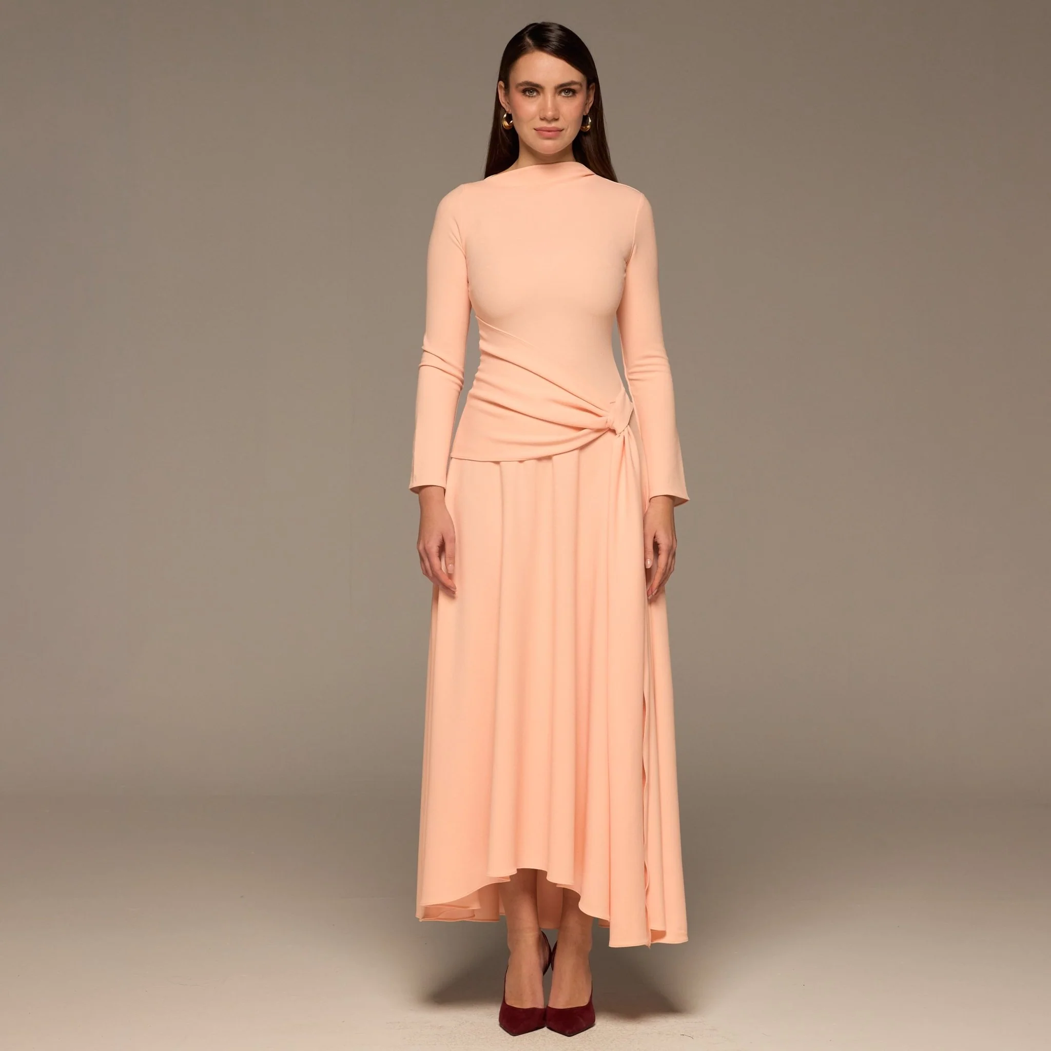 Pink Crepe Draped Asymmetric Neck Maxi Dress