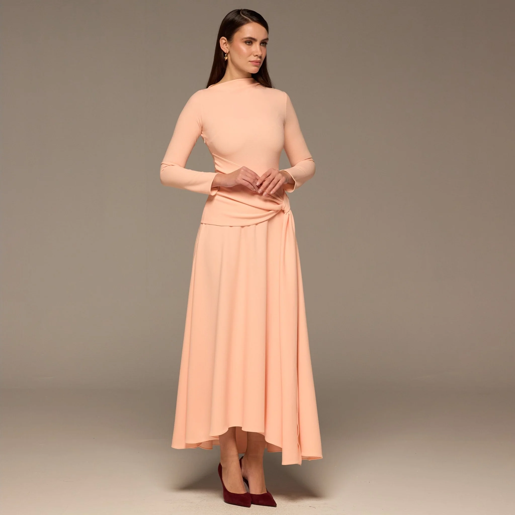 Pink Crepe Draped Asymmetric Neck Maxi Dress - Image 2