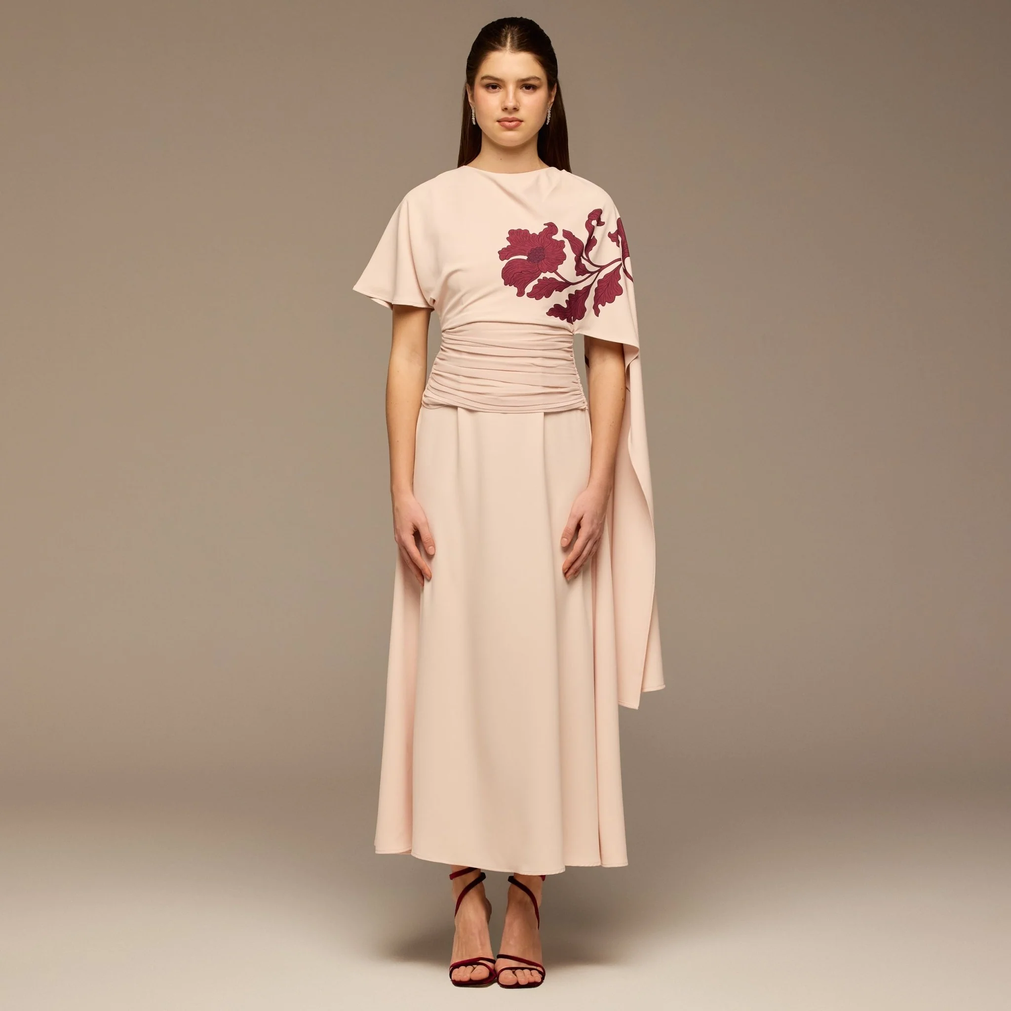 Pink Asymmetric Sleeve Crepe Dress