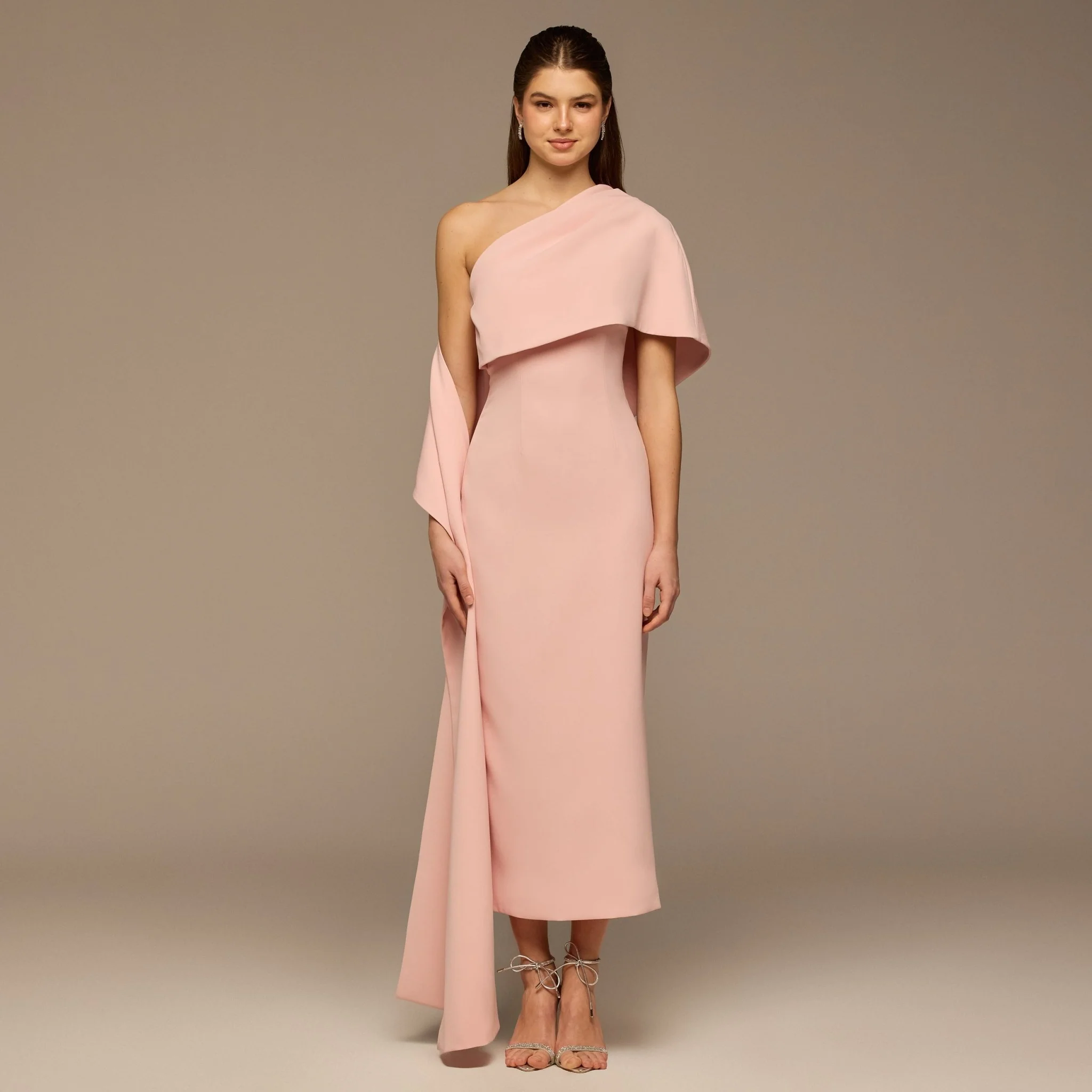 Blush One Shoulder Draped Crepe Dress