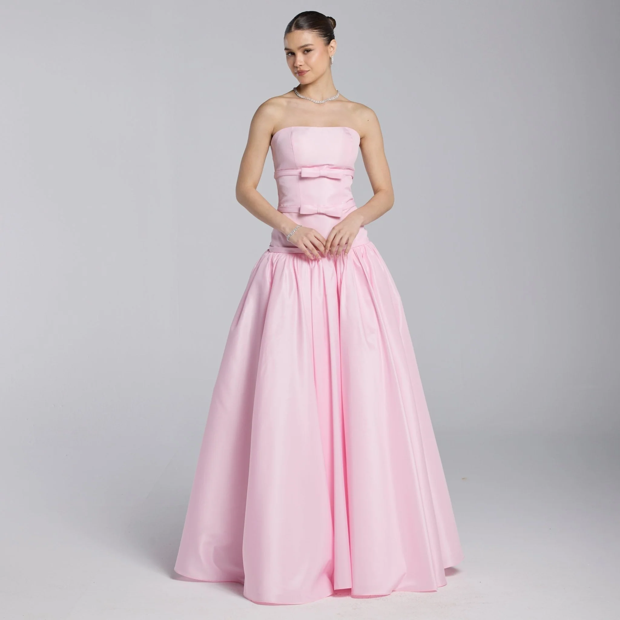 Pink Taffeta Strapless Bow-Detailed Gown