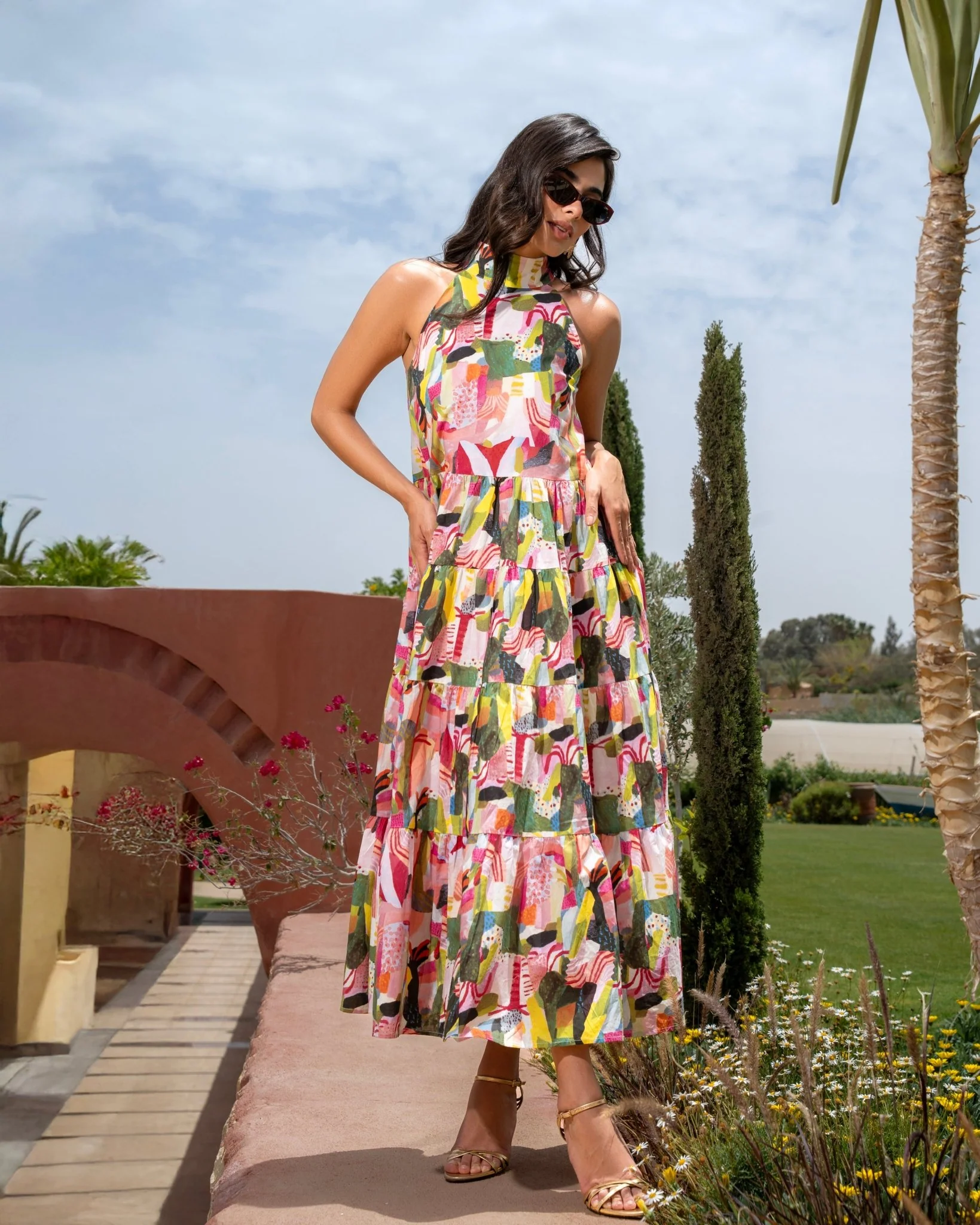 Pink Dress with Green Printed Back Bow Maxi Dress