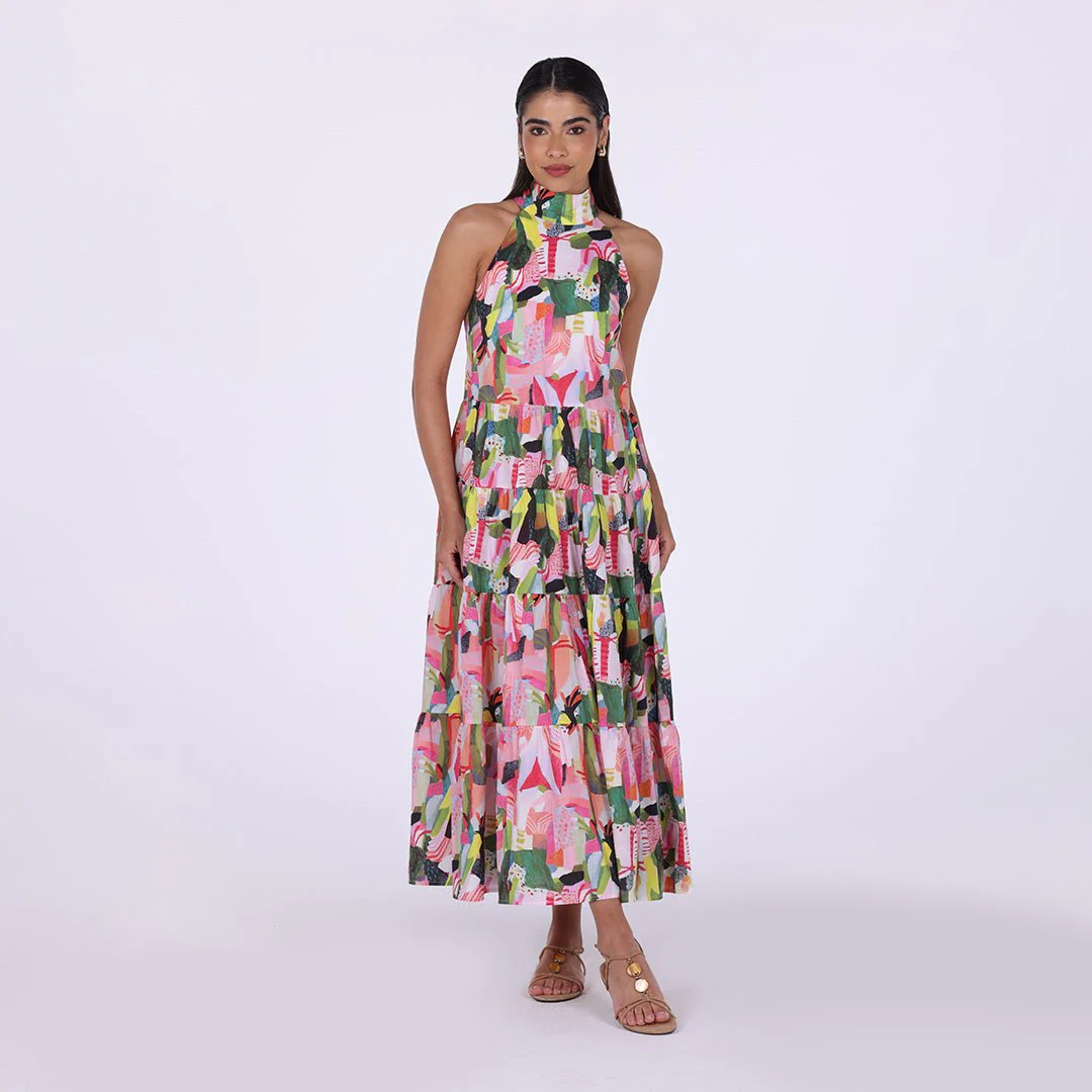 Pink Dress with Green Printed Back Bow Maxi Dress - Image 2