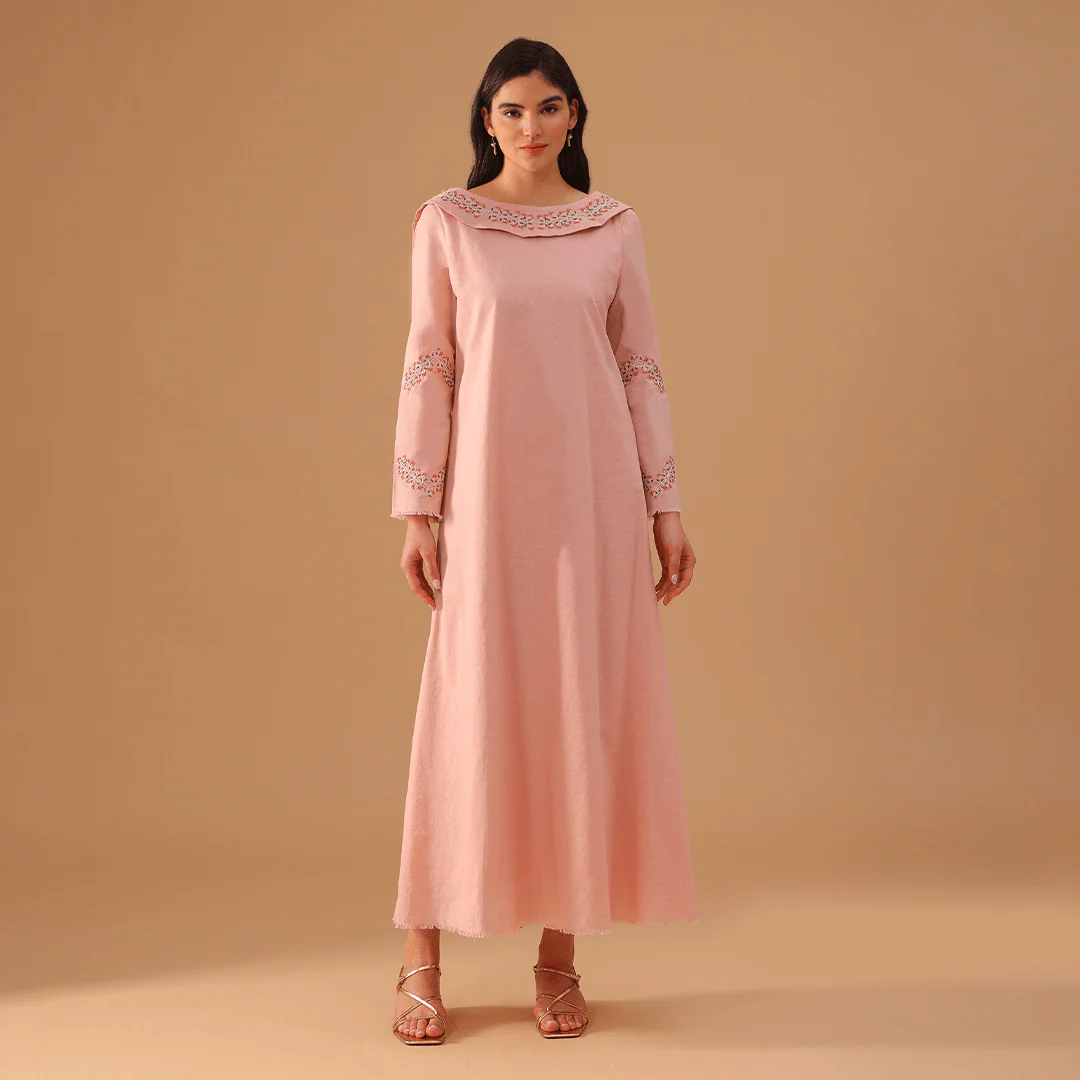 Pink Linen Dress with Embroidered Sleeves
