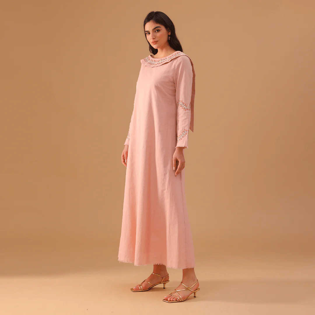Pink Linen Dress with Embroidered Sleeves - Image 2