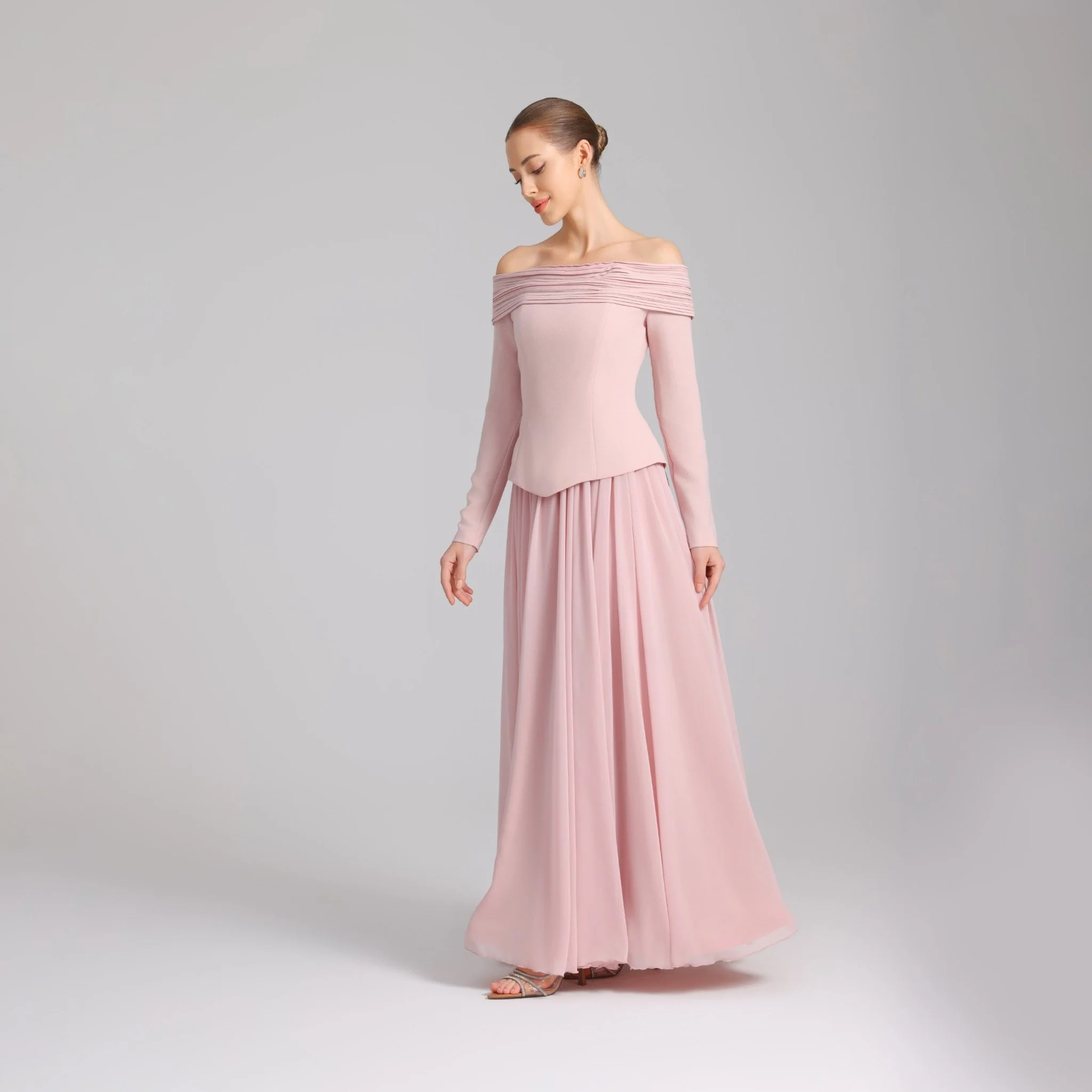Pink Off-Shoulder Long-Sleeve Evening Gown - Image 2