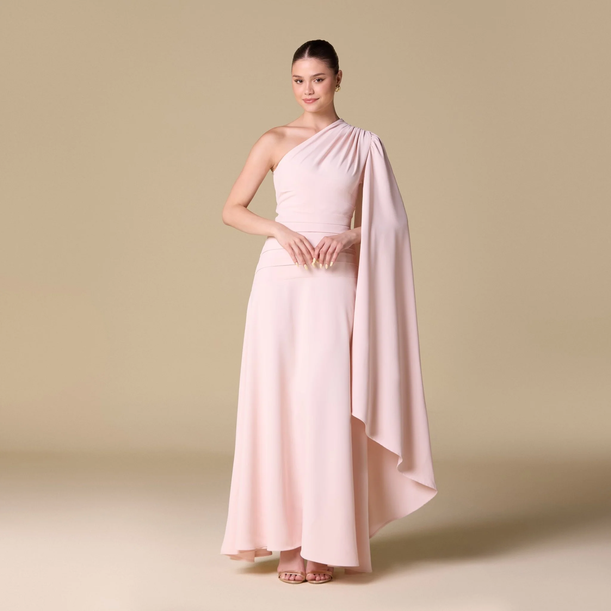Pink One Shoulder Sleeveless Crepe Dress
