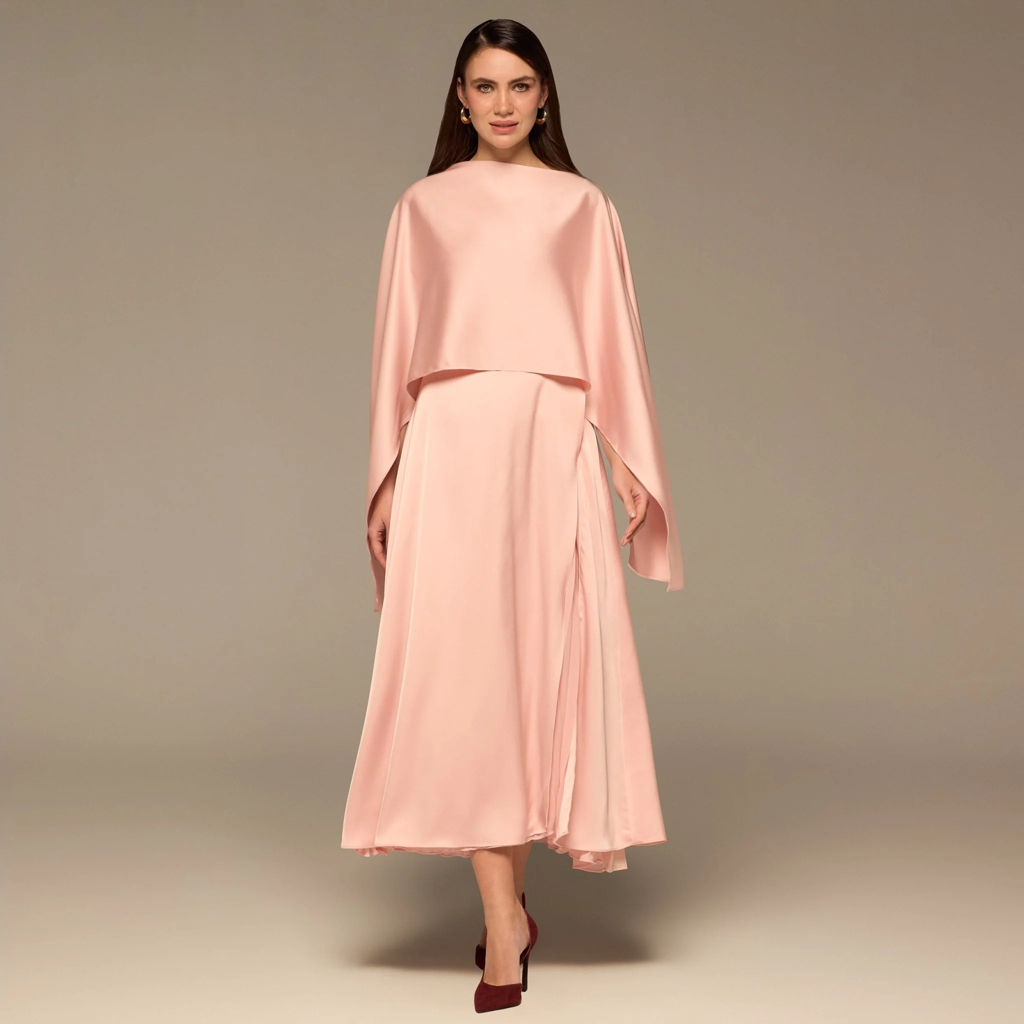 Pink Satin Dress with Cape Sleeves