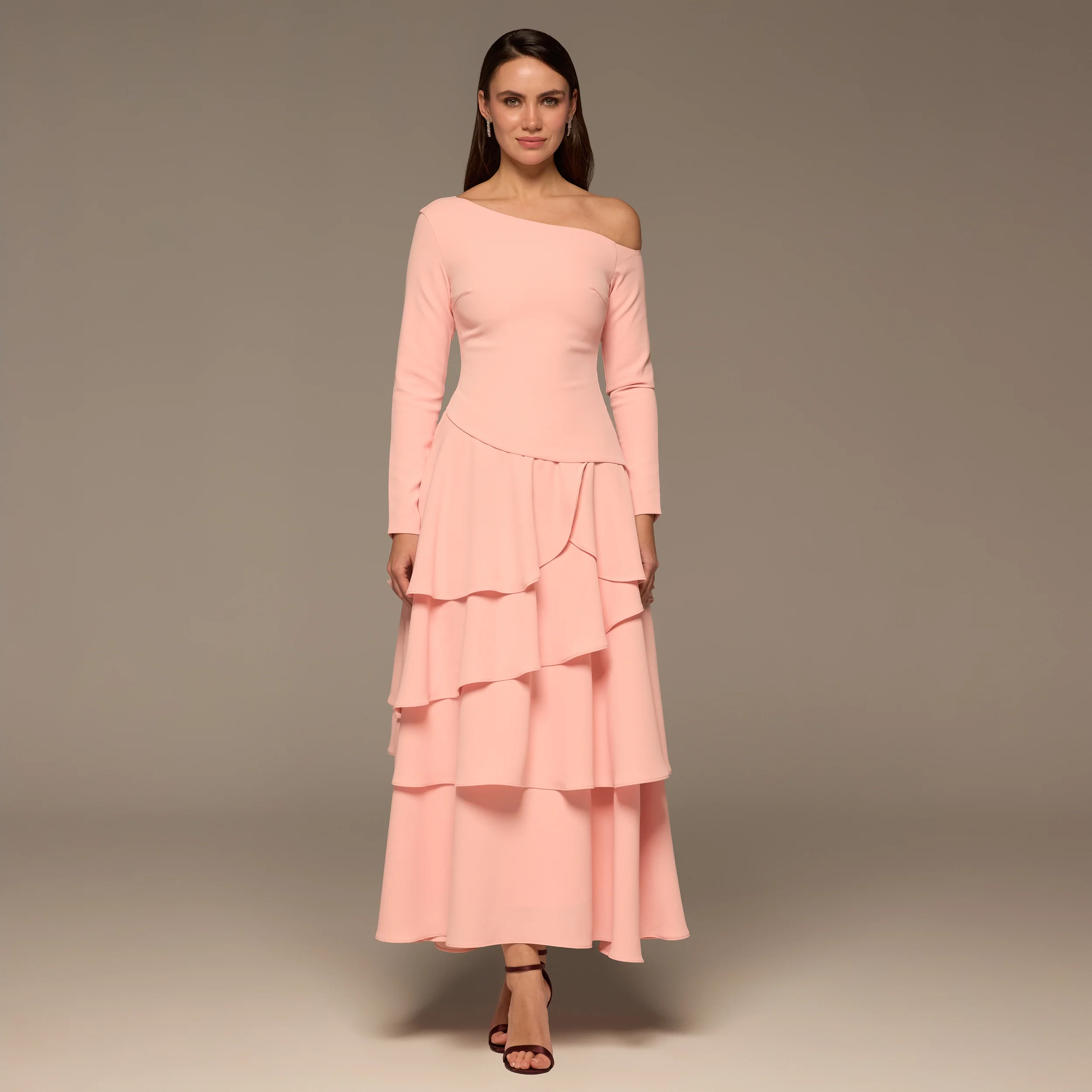 Pink Ruched Long Sleeve Jersey Maxi Dress