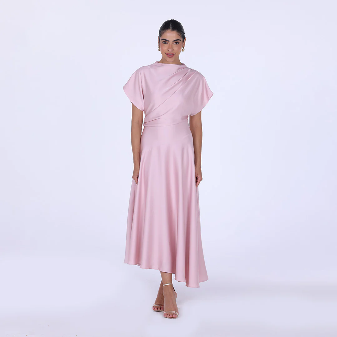 Pink Short Sleeve Asymmetric Satin Dress