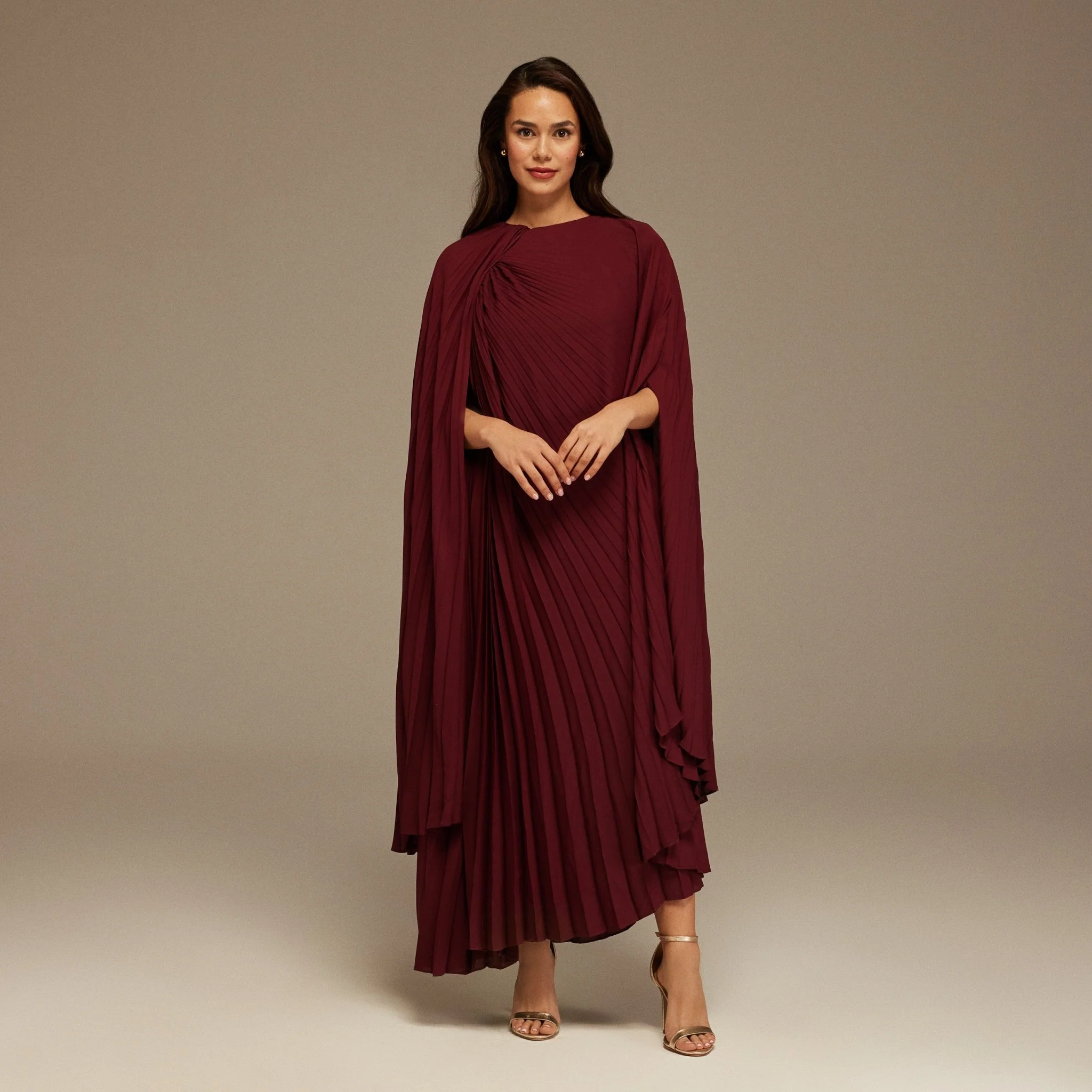 Burgundy Pleated Cape Midi Dress
